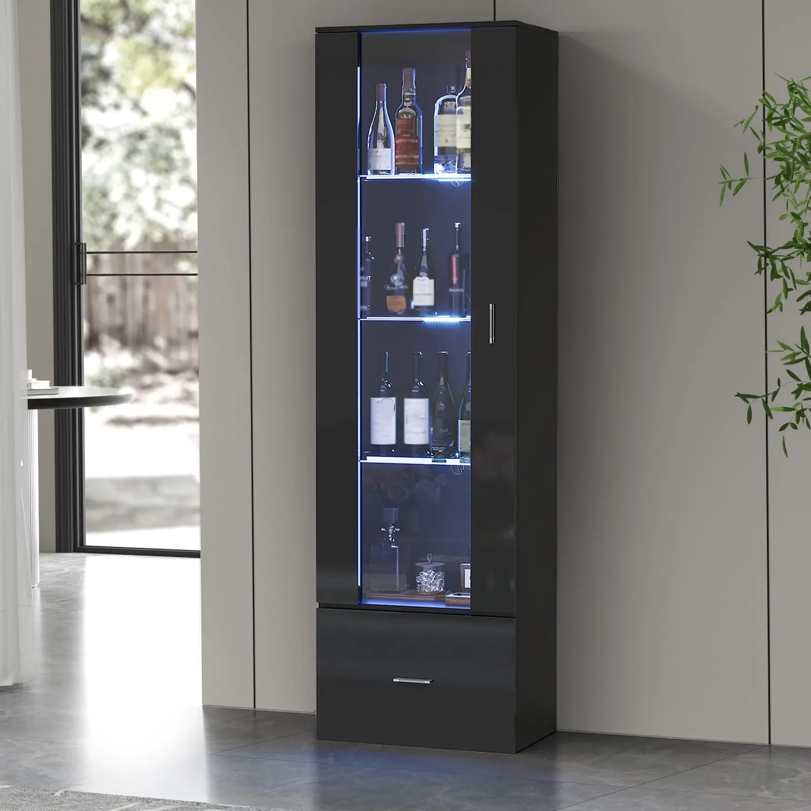 Oikiture Display Cabinet Buffet Sideboard LED Light High Gloss Cupboard Black - Furniture