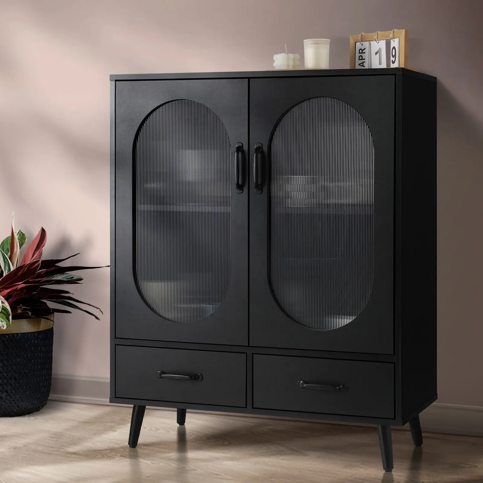 Oikiture Buffet Sideboard Bar Storage Cabinet Console Table Door Cupboard Black - Furniture
