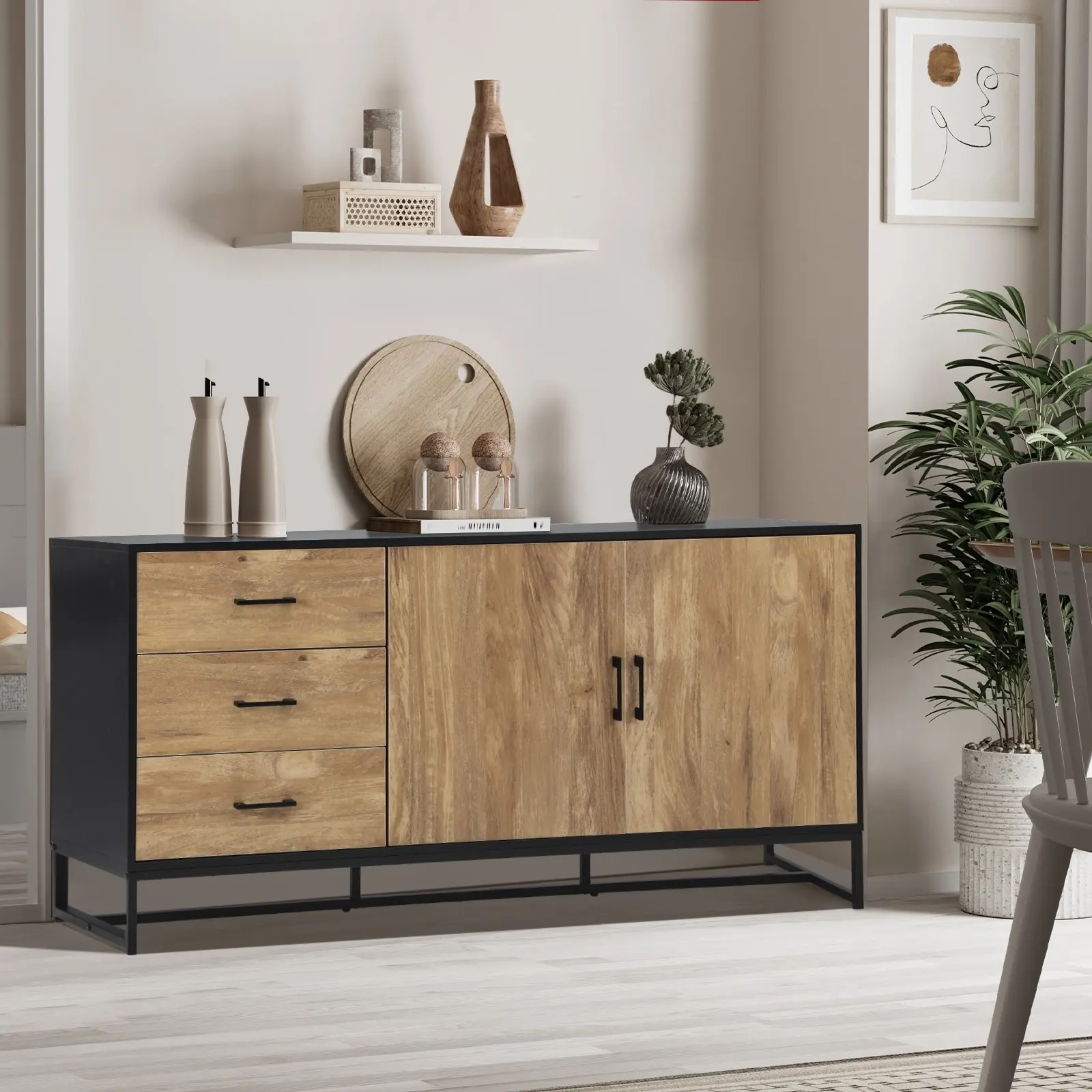 Oikiture Buffet Sideboard Cupboard 2 Doors 3 Drawers Black & Natural - Furniture