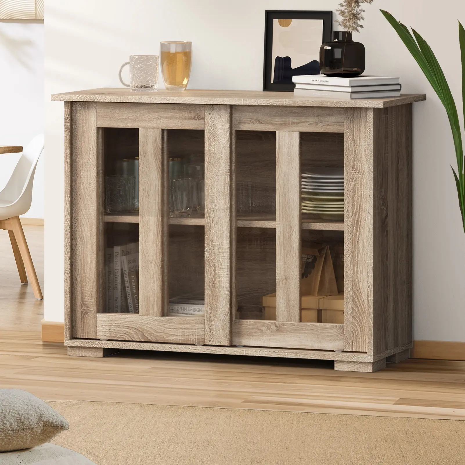 Oikiture Sideboard Buffet Cupboard Cabinet Glass Sliding Door Storage Natural - Furniture