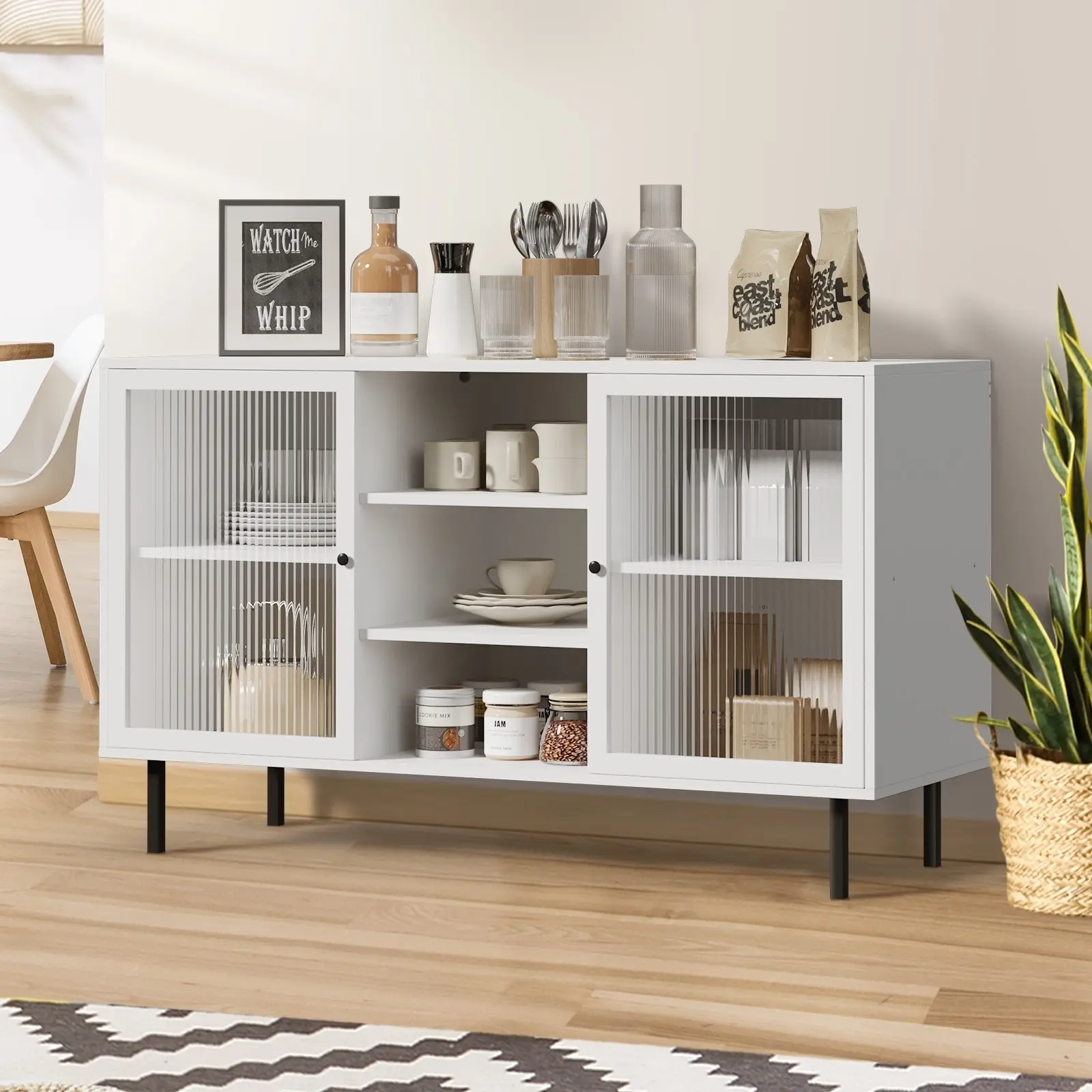 Oikiture Sideboard Buffet Storage Cabinet Tempered Glass Door Cupboard White - Furniture