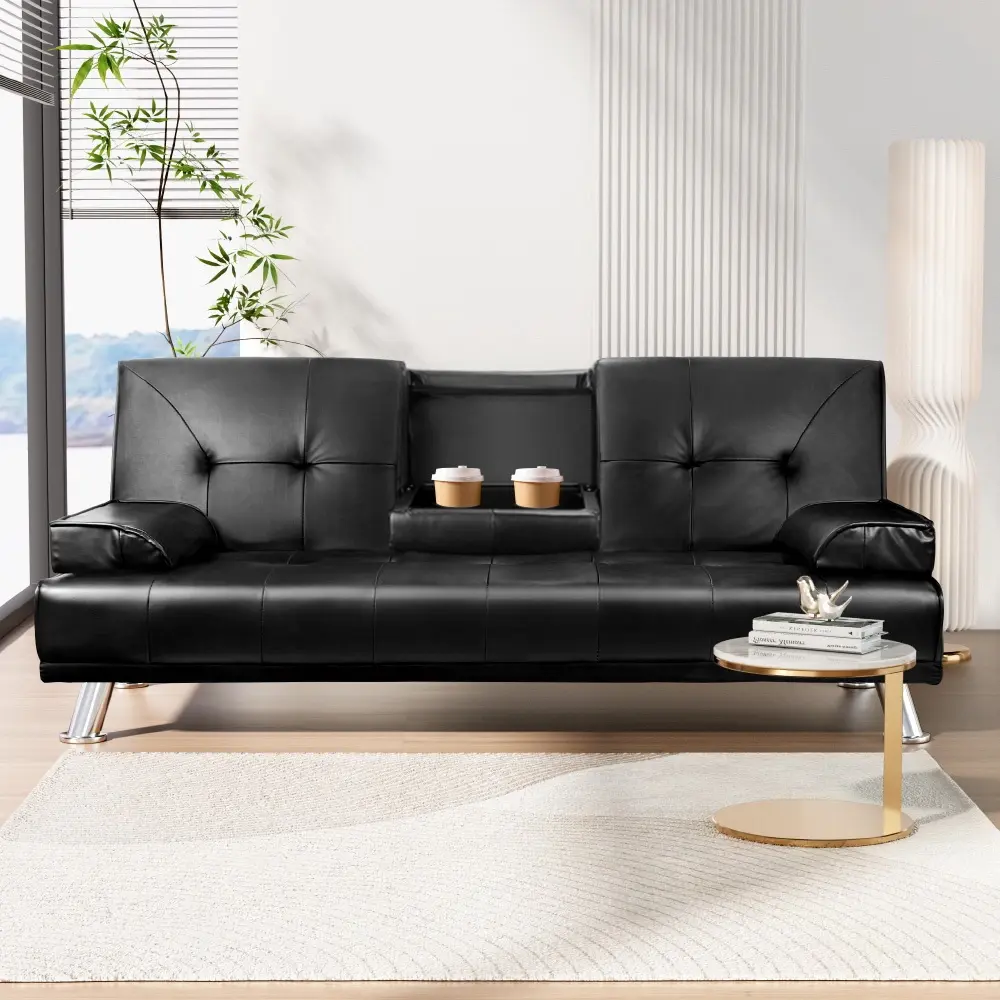 Artiss Sofa Bed Couch 188CM Black PU Leather - Furniture