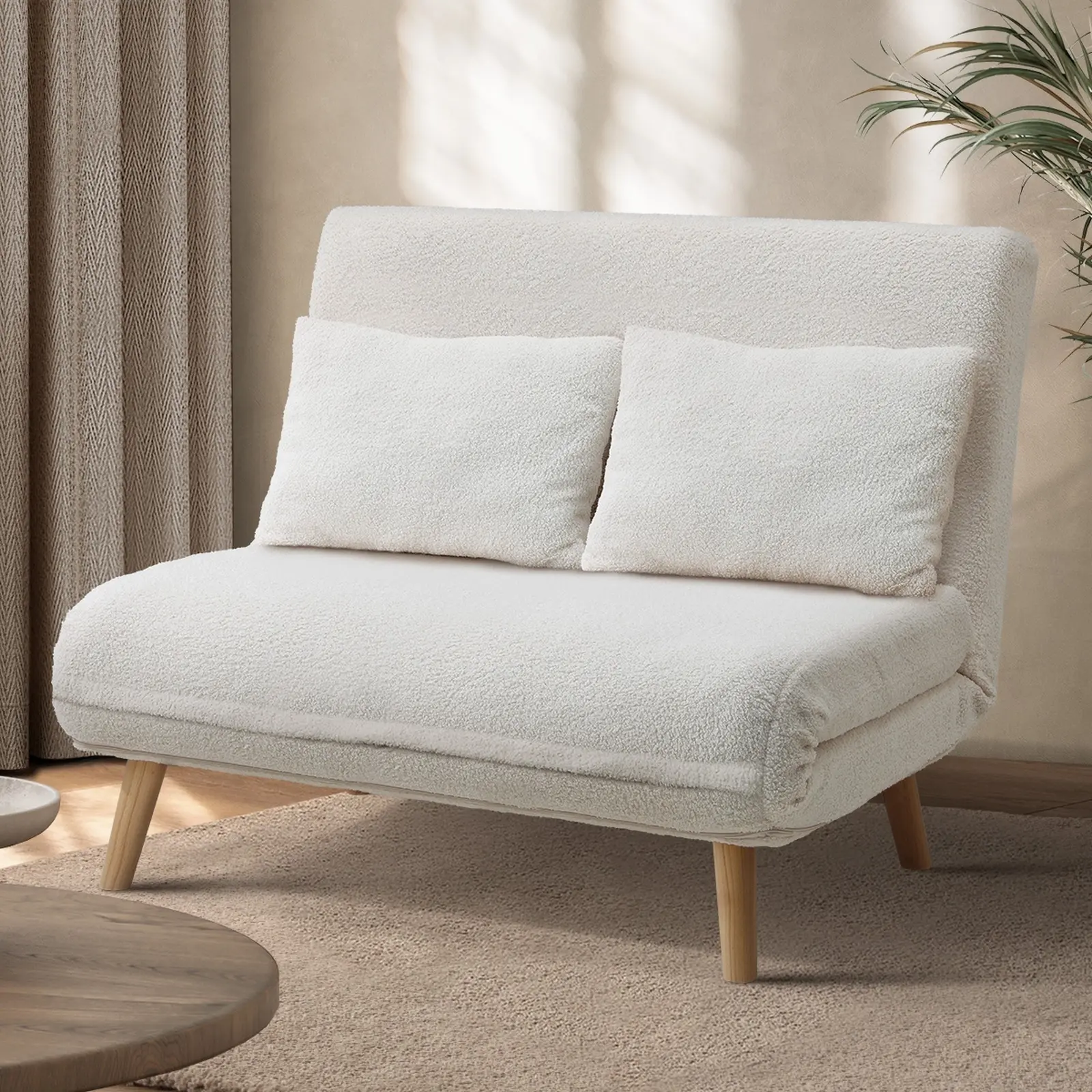 Oikiture Sofa Bed Lounge Chair Sherpa Fabric Recliner Wood Leg Double Seat White - Furniture