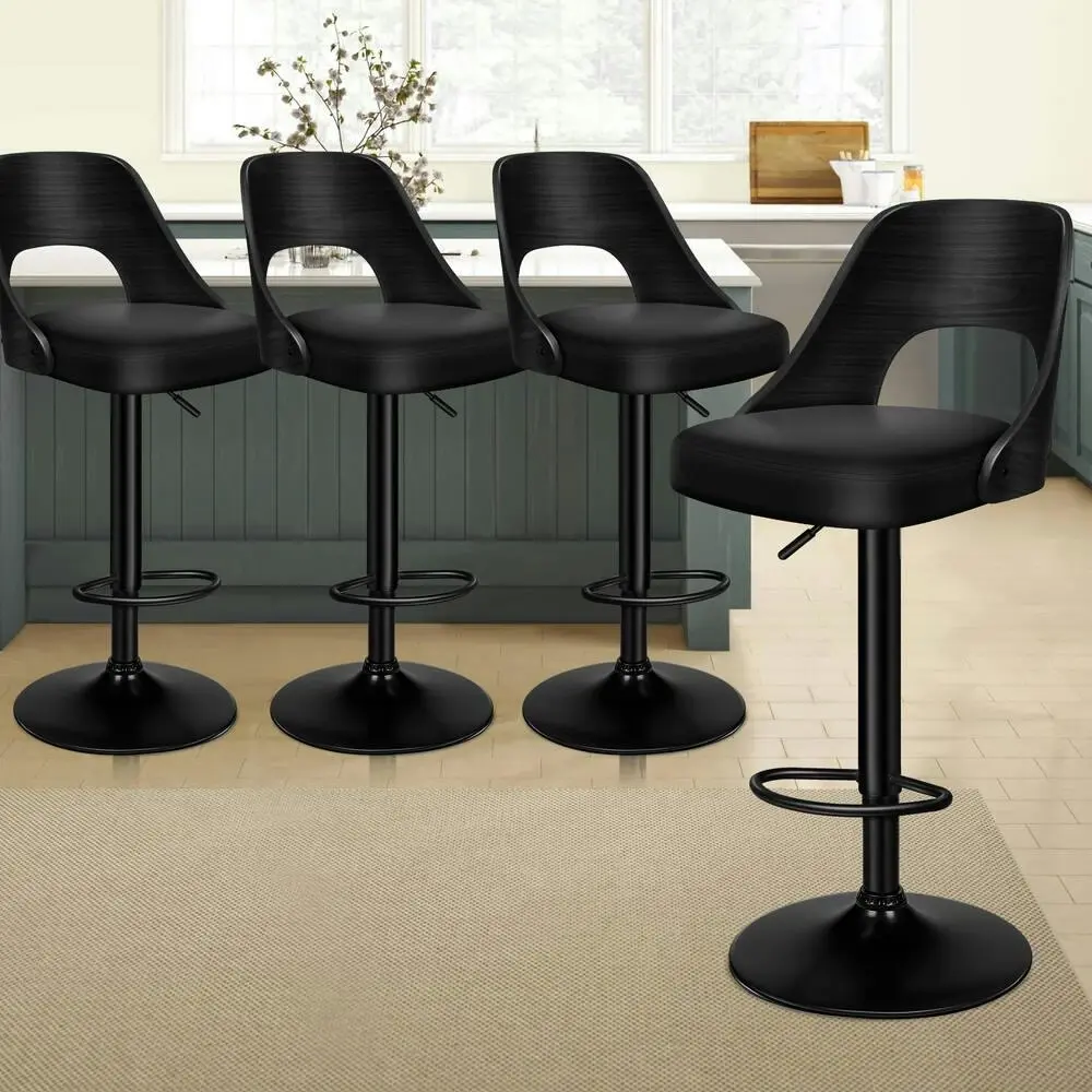 Alfordson 4x Bar Stools Kitchen Swivel Chair Wooden Leather Gas Lift All Black - Furniture