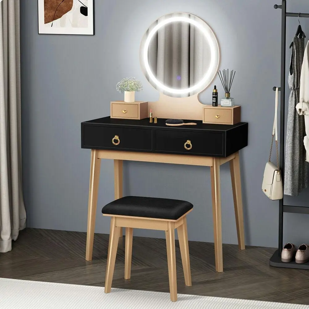 Alfordson Dressing Table Stool Set LED Mirror Black - Furniture