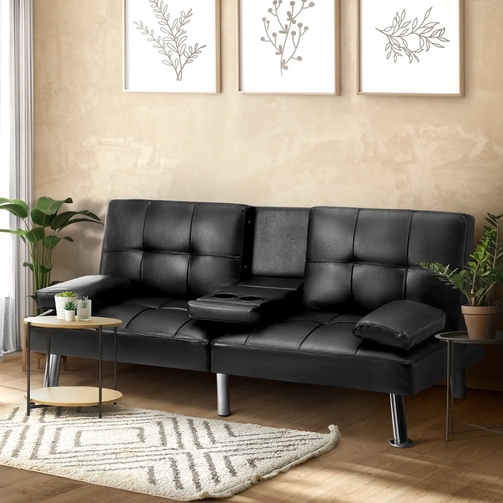 Oikiture Sofa Bed Lounge Cup Holder Leather Black - Furniture