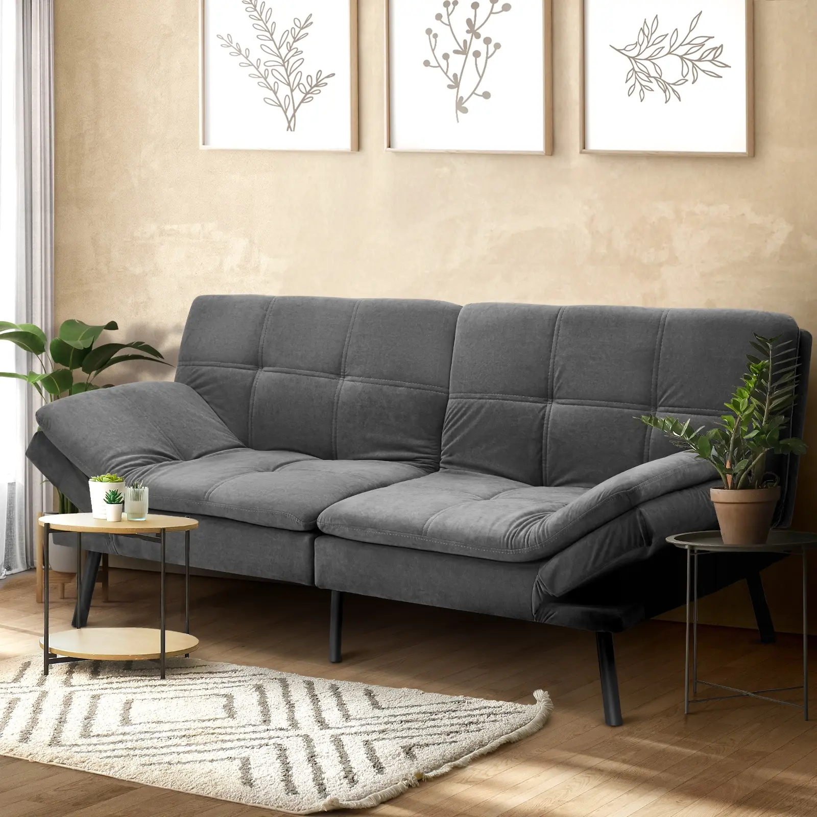 Oikiture Sofa Bed Futon Recliner Lounge Couch Convertible Polyester 3Seater Grey - Furniture