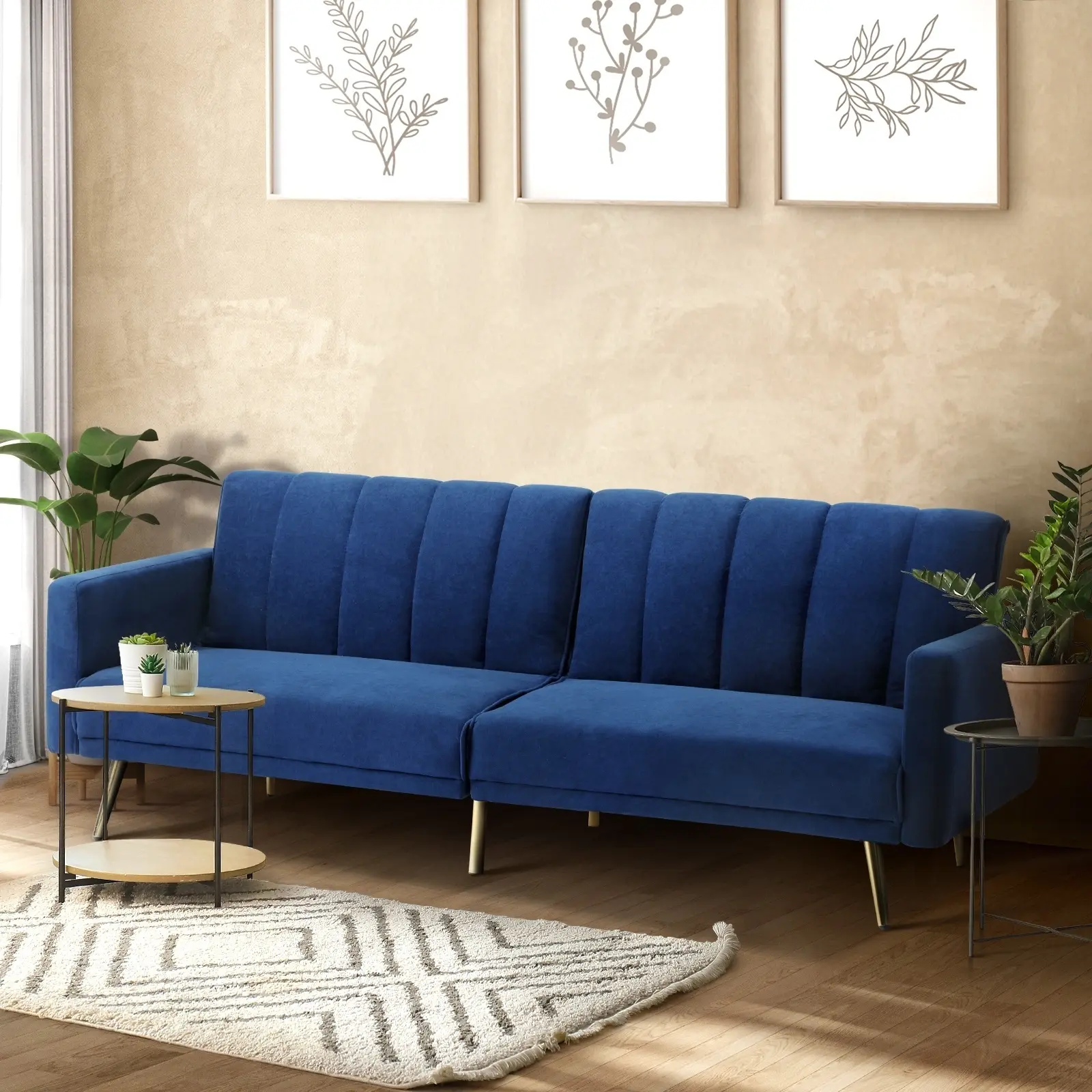 Oikiture 3 Seater Sofa Bed Lounge Velvet Blue - Furniture