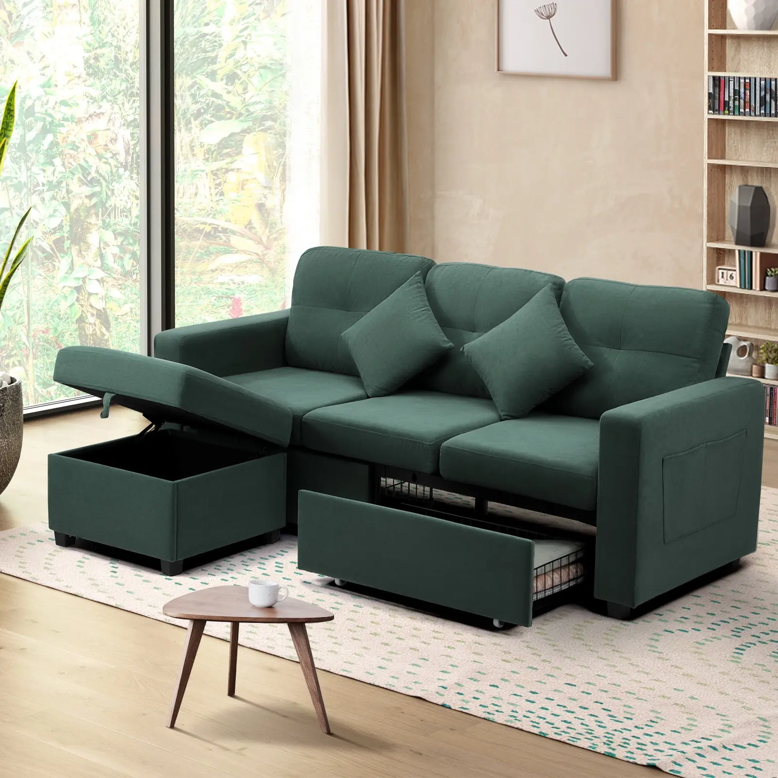 Oikiture Modular Sofa Lounge Set with Ottoman Velvet Green - Furniture