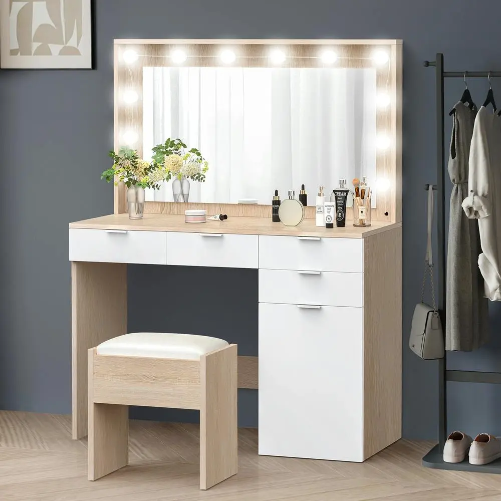 Alfordson Dressing Table Stool Set LED Bulbs Oak White - Furniture