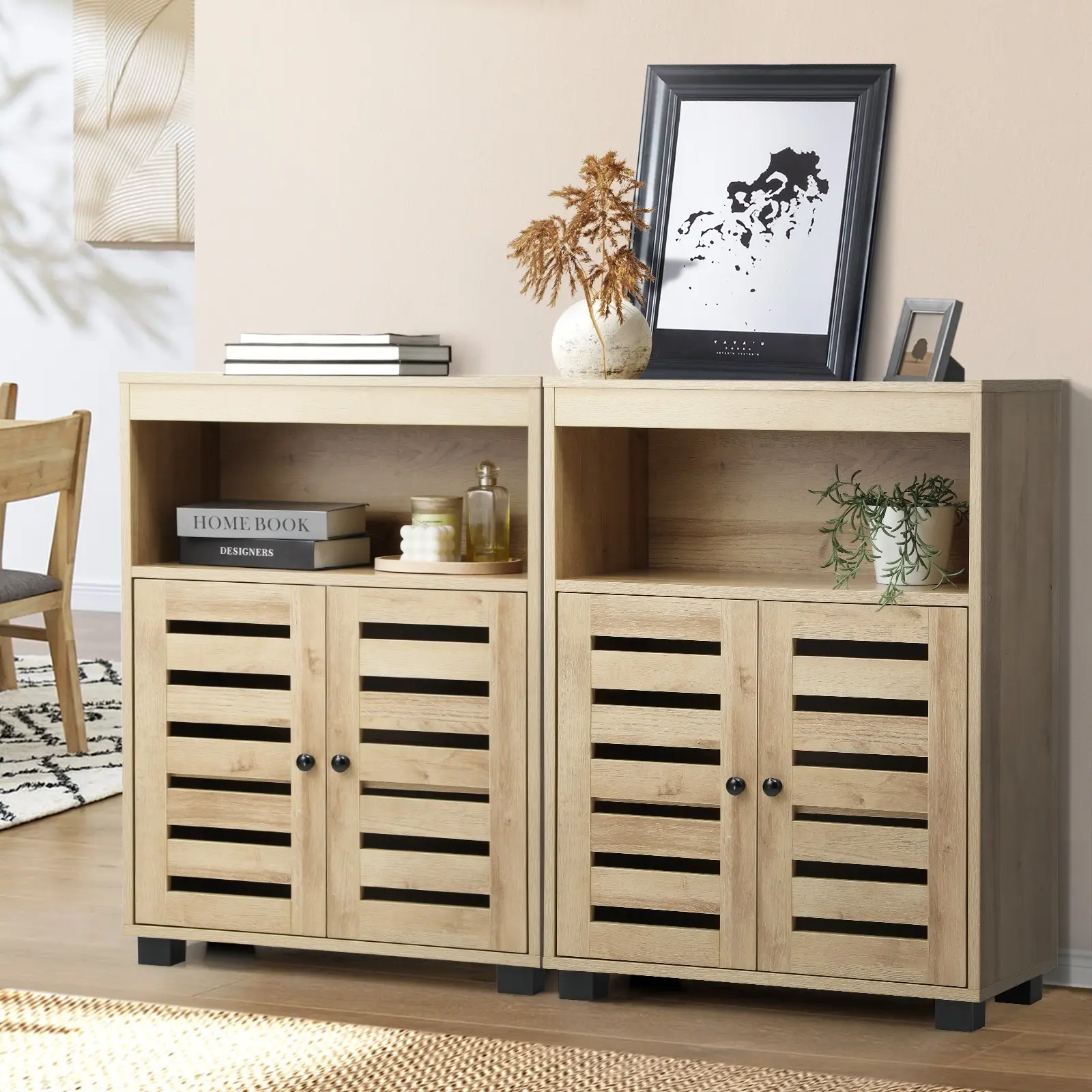 Oikiture 2x Buffet Sideboard Shoe Storage Cabinet Slatted Doors Cupboard Natural - Over 40% off Living Room Furniture