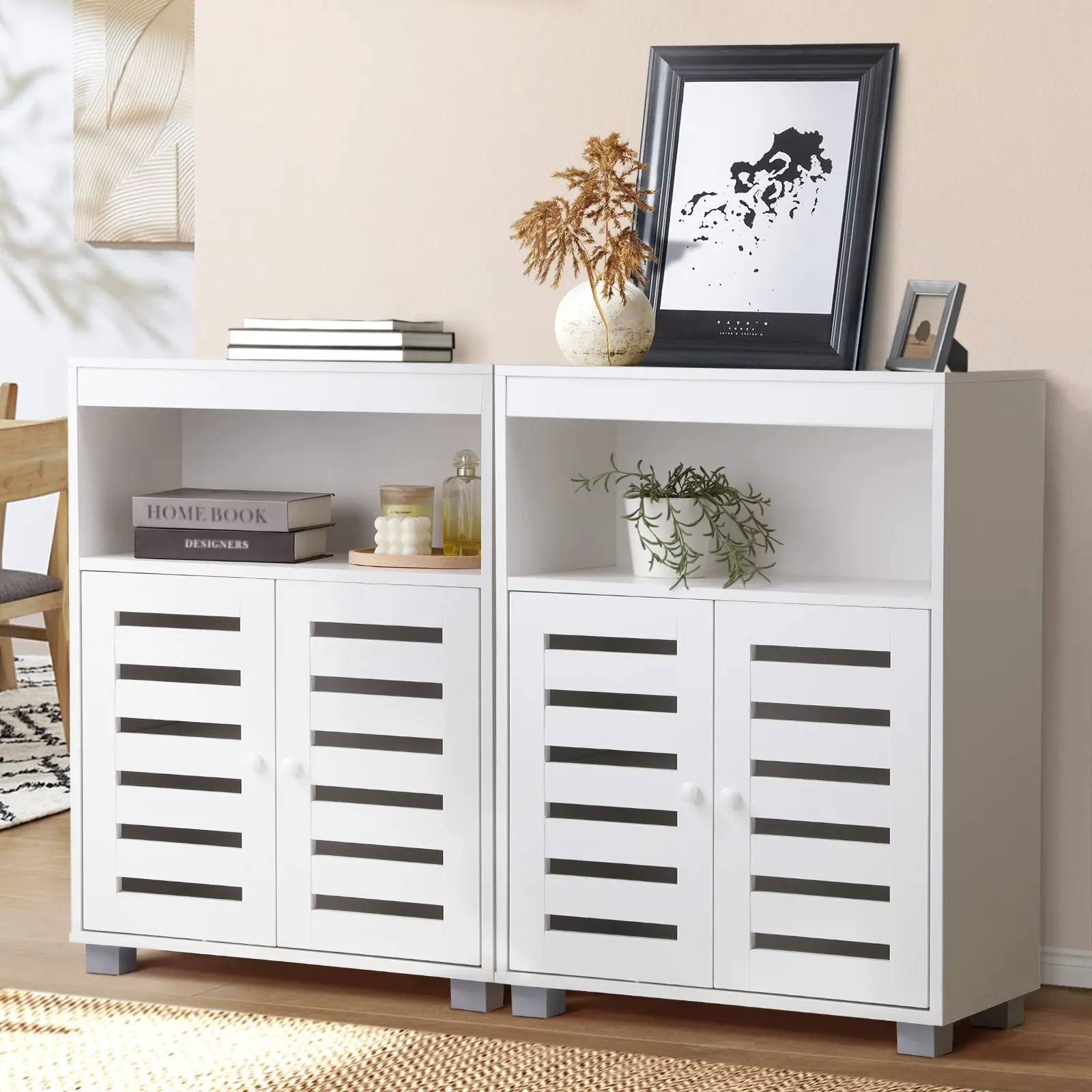 Oikiture 2x Buffet Sideboard Shoe Storage Cabinet Slatted Doors Cupboard White - Furniture