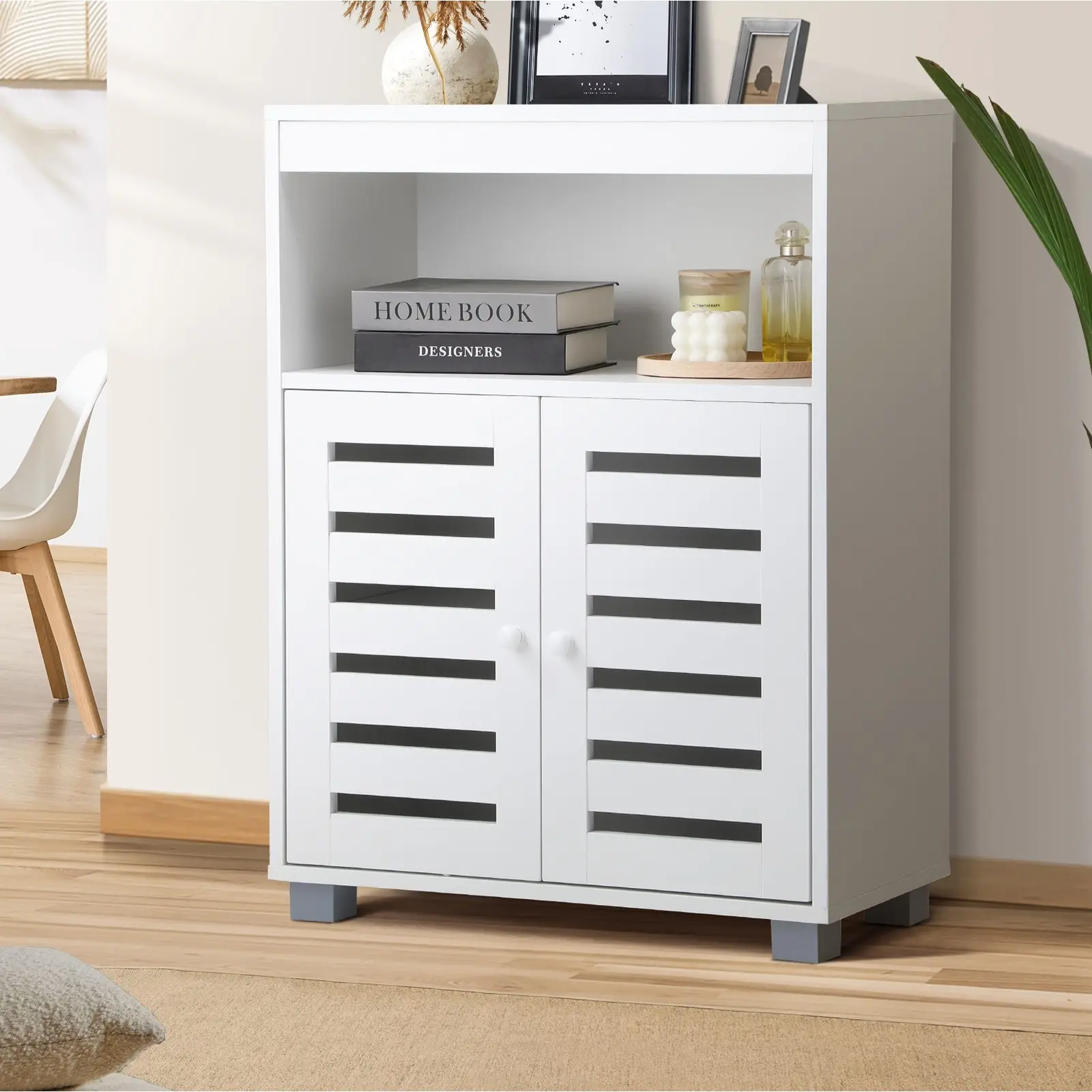 Oikiture Buffet Sideboard Shoe Storage Cabinet Slatted Doors Cupboard White - Furniture