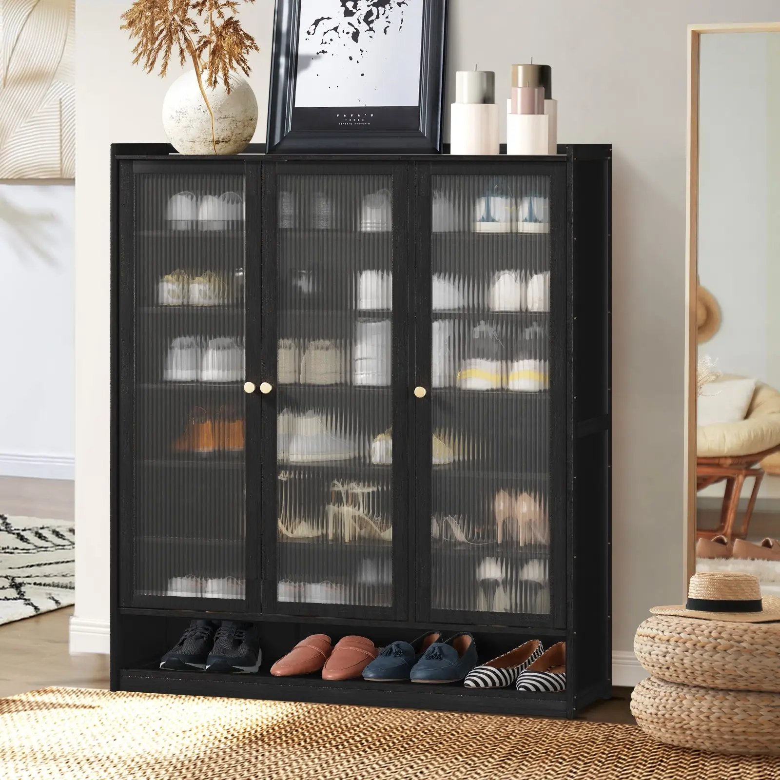 Oikiture Shoe Cabinet Shoes Storage Rack Organiser 3 Doors Shelf Black - Home & Garden