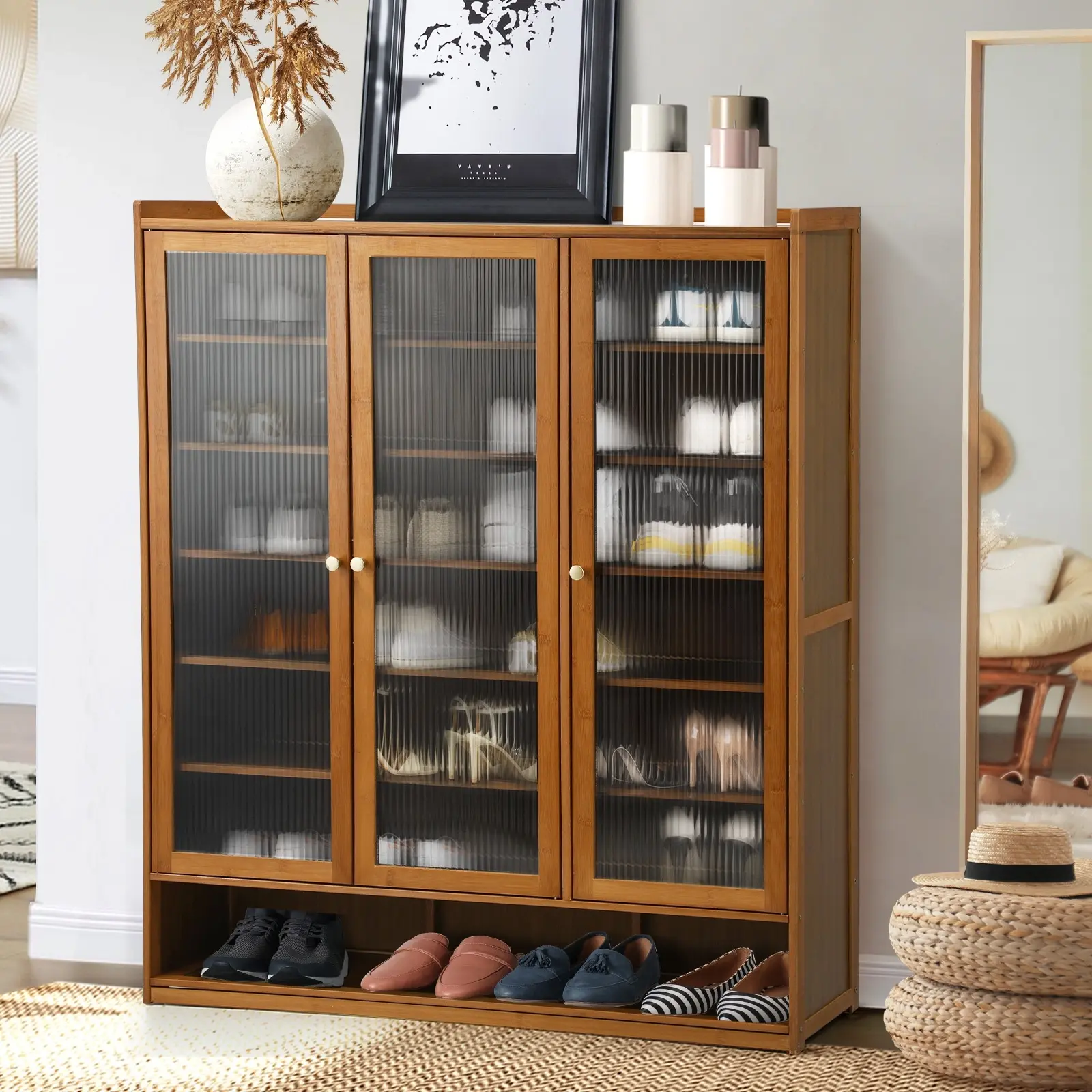 Oikiture Shoe Cabinet Shoes Storage Rack Organiser 3 Doors Shelf Brown - Home & Garden