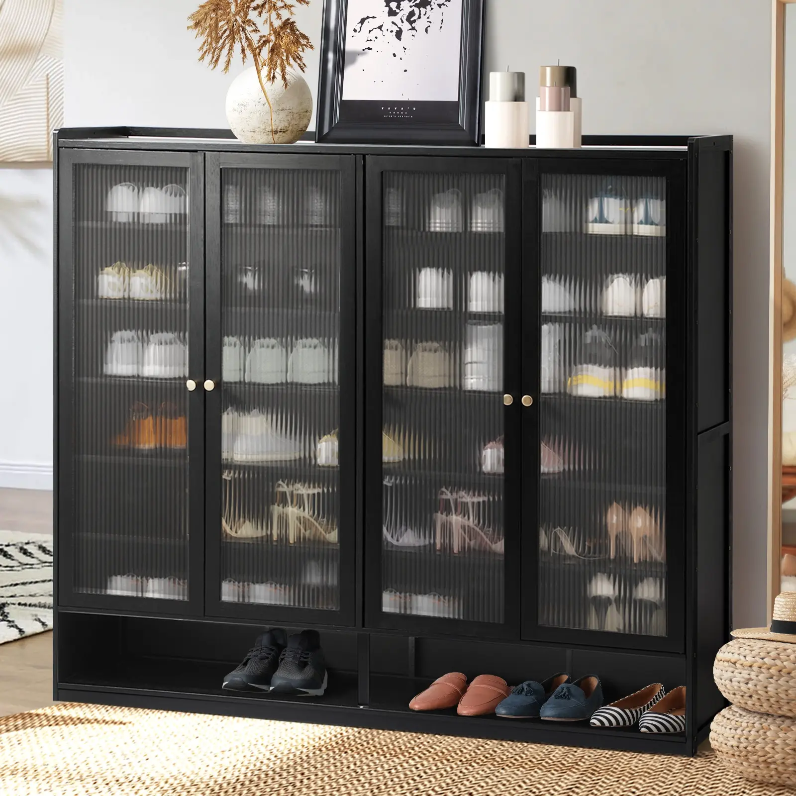 Oikiture Shoe Cabinet Shoes Storage Rack Organiser 4 Doors Shelf Black - Home & Garden