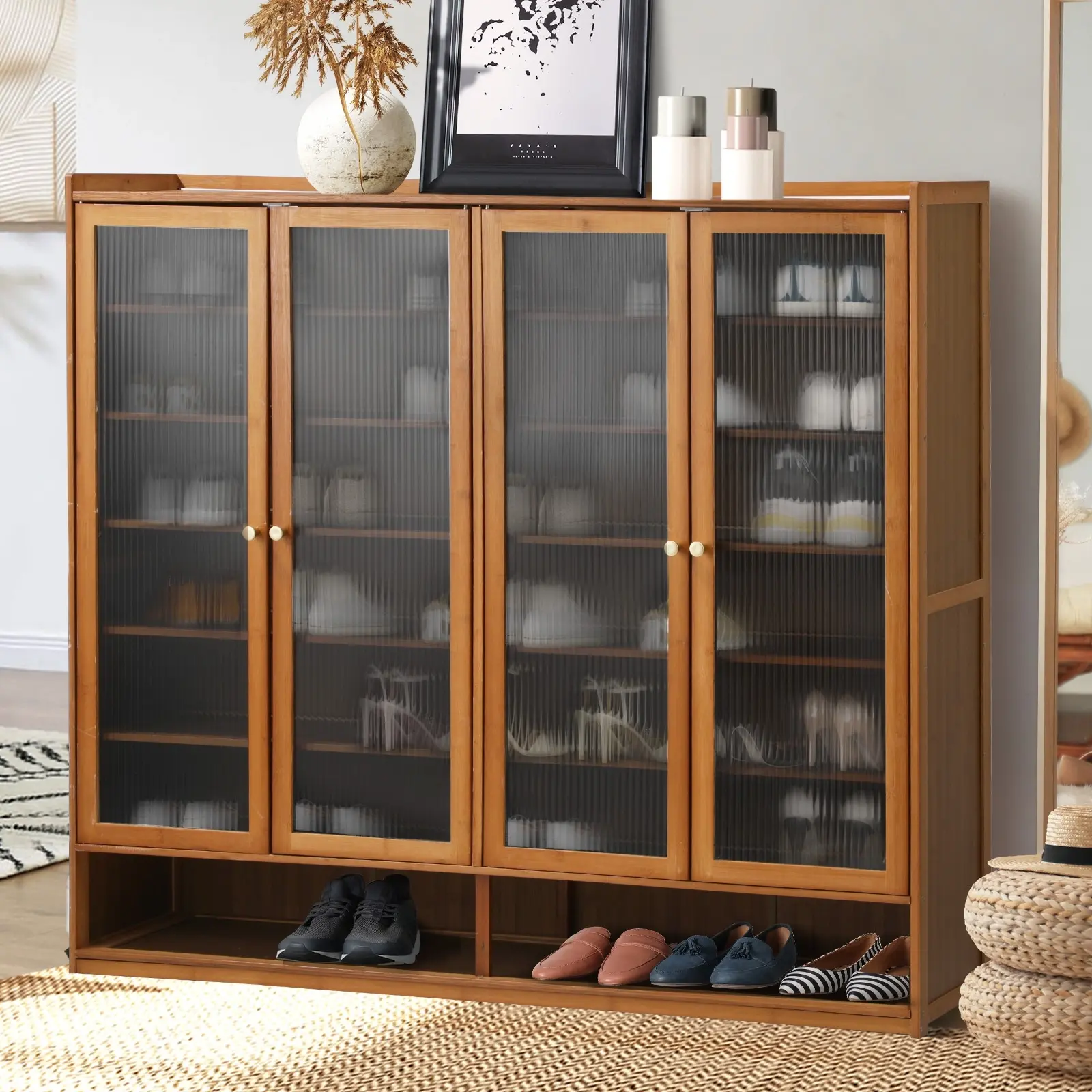 Oikiture Shoe Cabinet Shoes Storage Rack Organiser 4 Doors Shelf Brown - Home & Garden