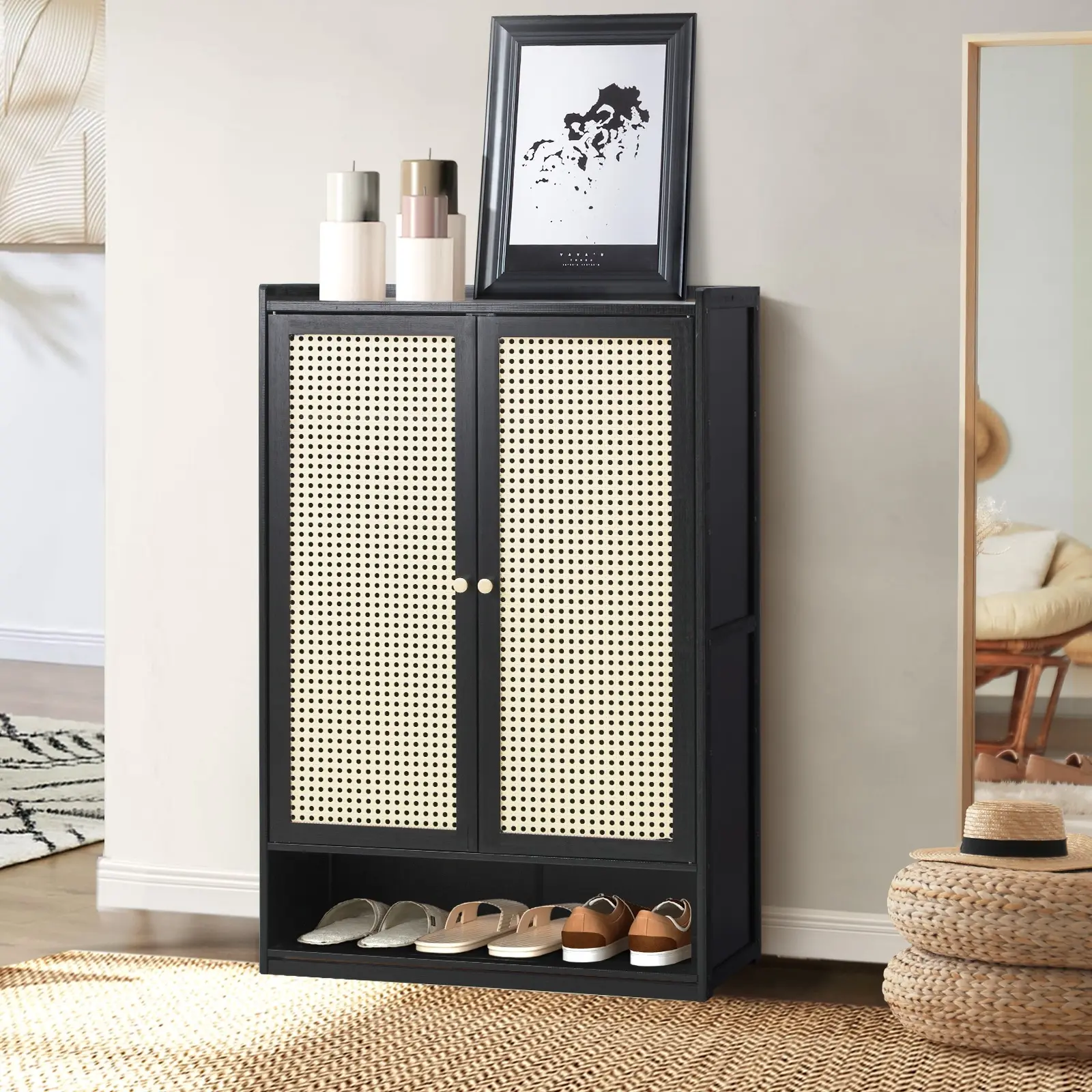 Oikiture Shoe Storage Cabinet Shoes Rack Organiser Shelf 2 Doors Rattan Black - Home & Garden