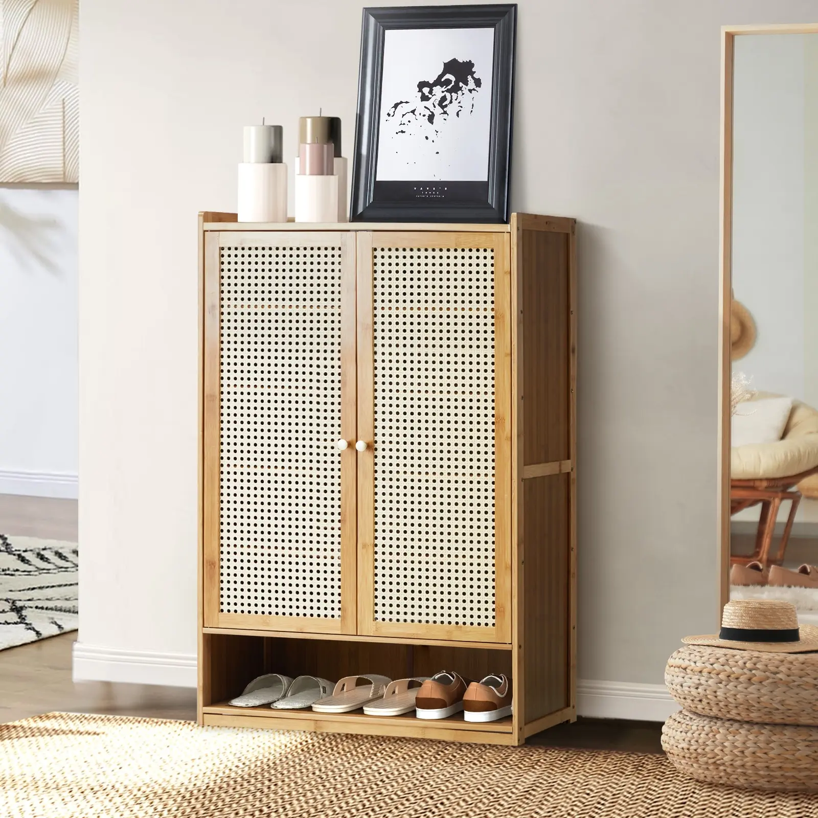 Oikiture Shoe Storage Cabinet Shoes Rack Organiser Shelf 2 Doors Rattan Brown - Home & Garden