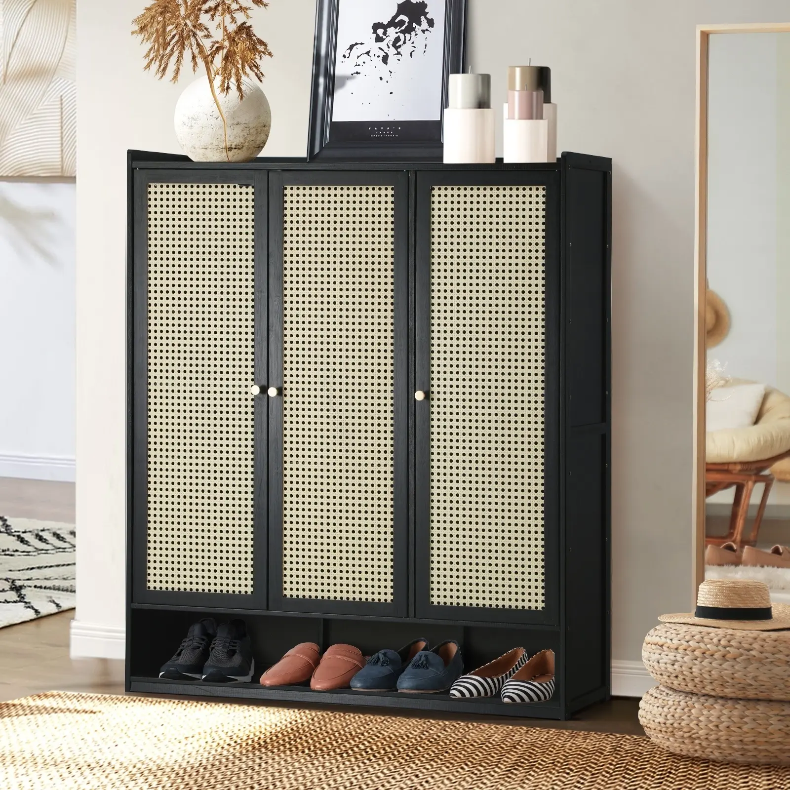 Oikiture Shoe Storage Cabinet Shoes Rack Organiser Shelf 3 Doors Rattan Style - Home & Garden