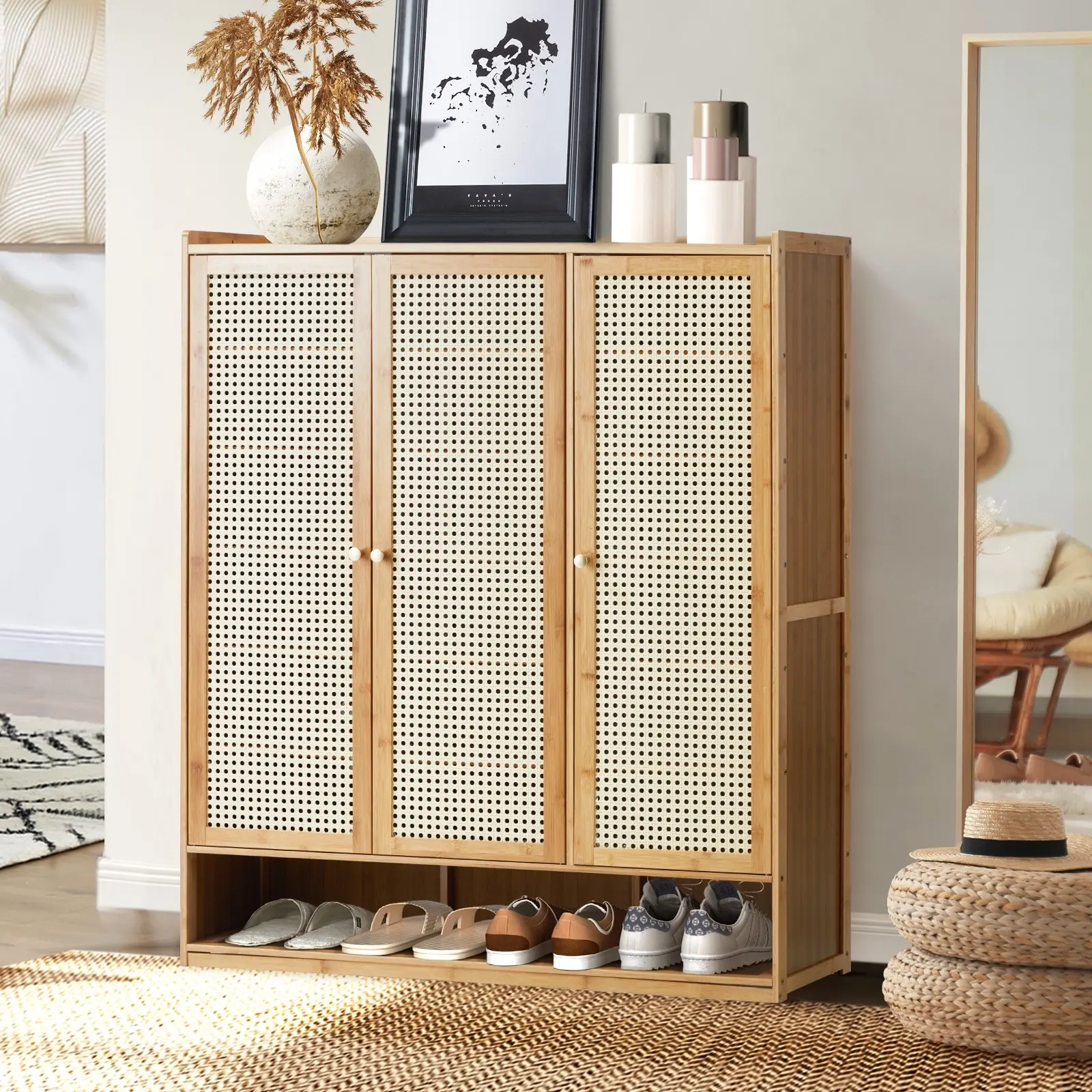 Oikiture Shoe Storage Cabinet Shoes Rack Organiser Shelf 3 Doors Rattan Style Brown - Home & Garden