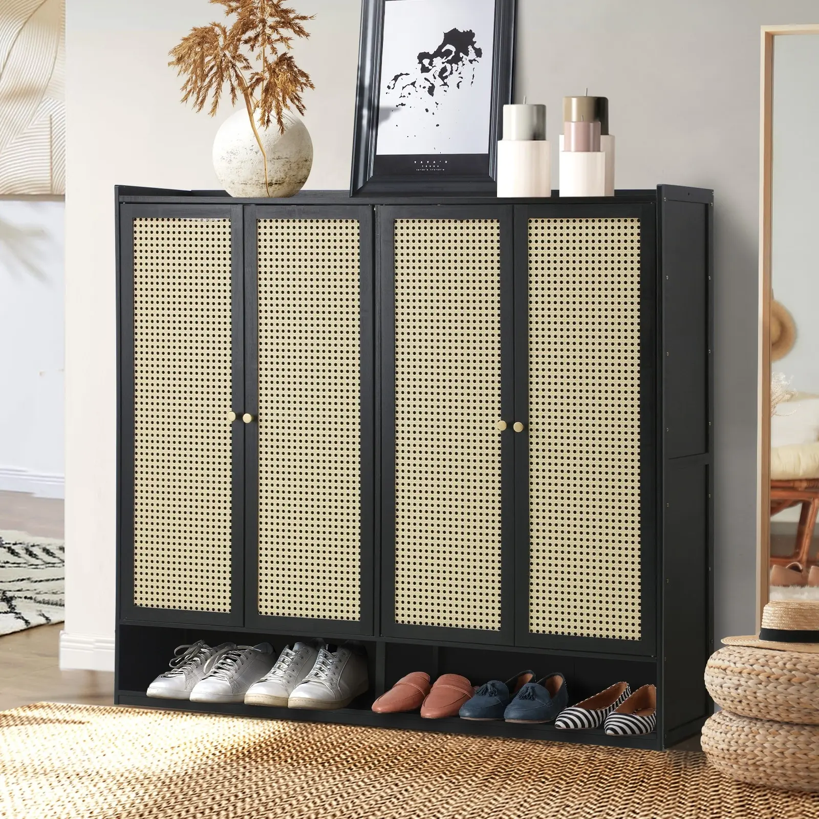 Oikiture Shoe Storage Cabinet Shoes Rack Organiser Shelf 4 Doors Rattan Black - Home & Garden