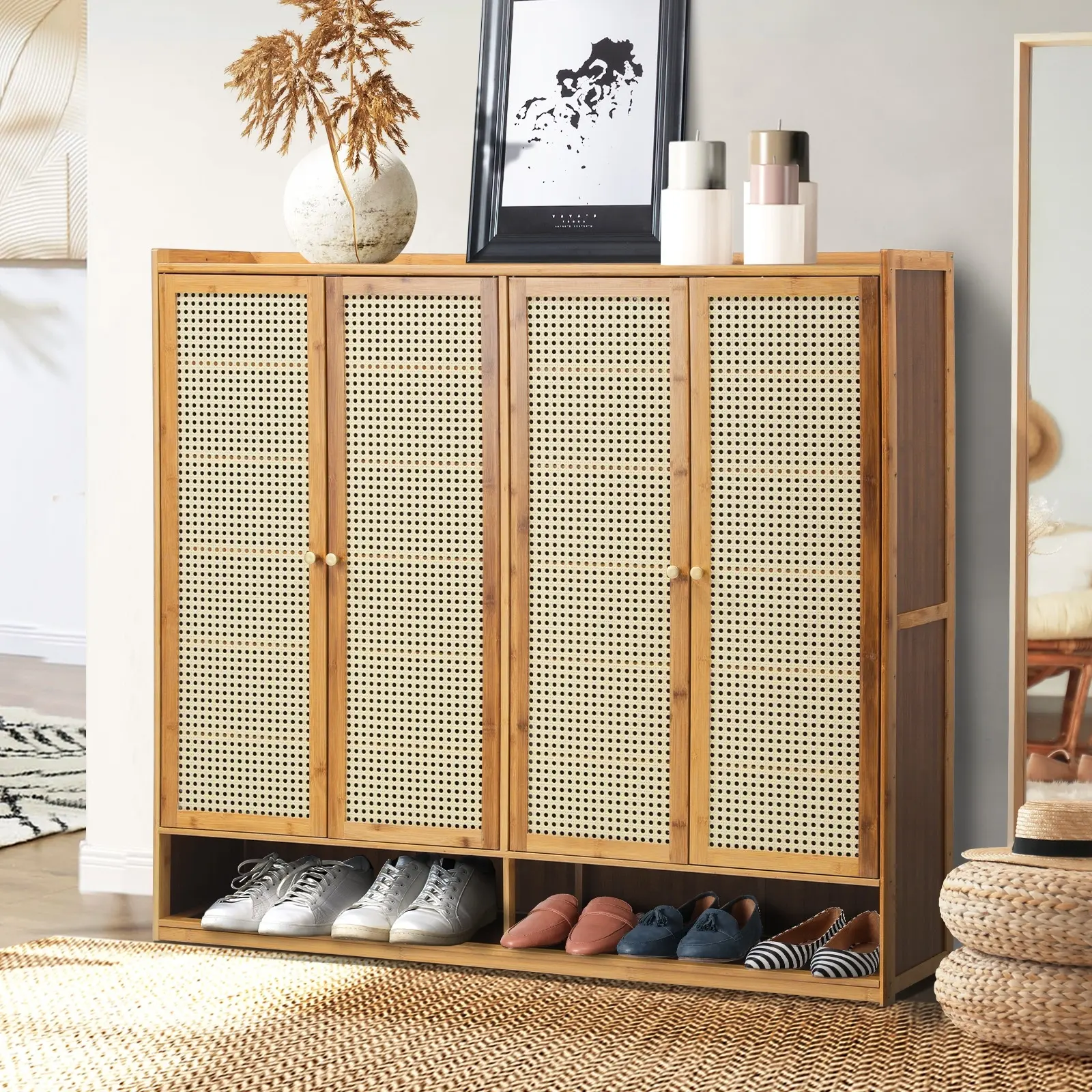 Oikiture Shoe Storage Cabinet Shoes Rack Organiser Shelf 4 Doors Rattan Brown - Home & Garden