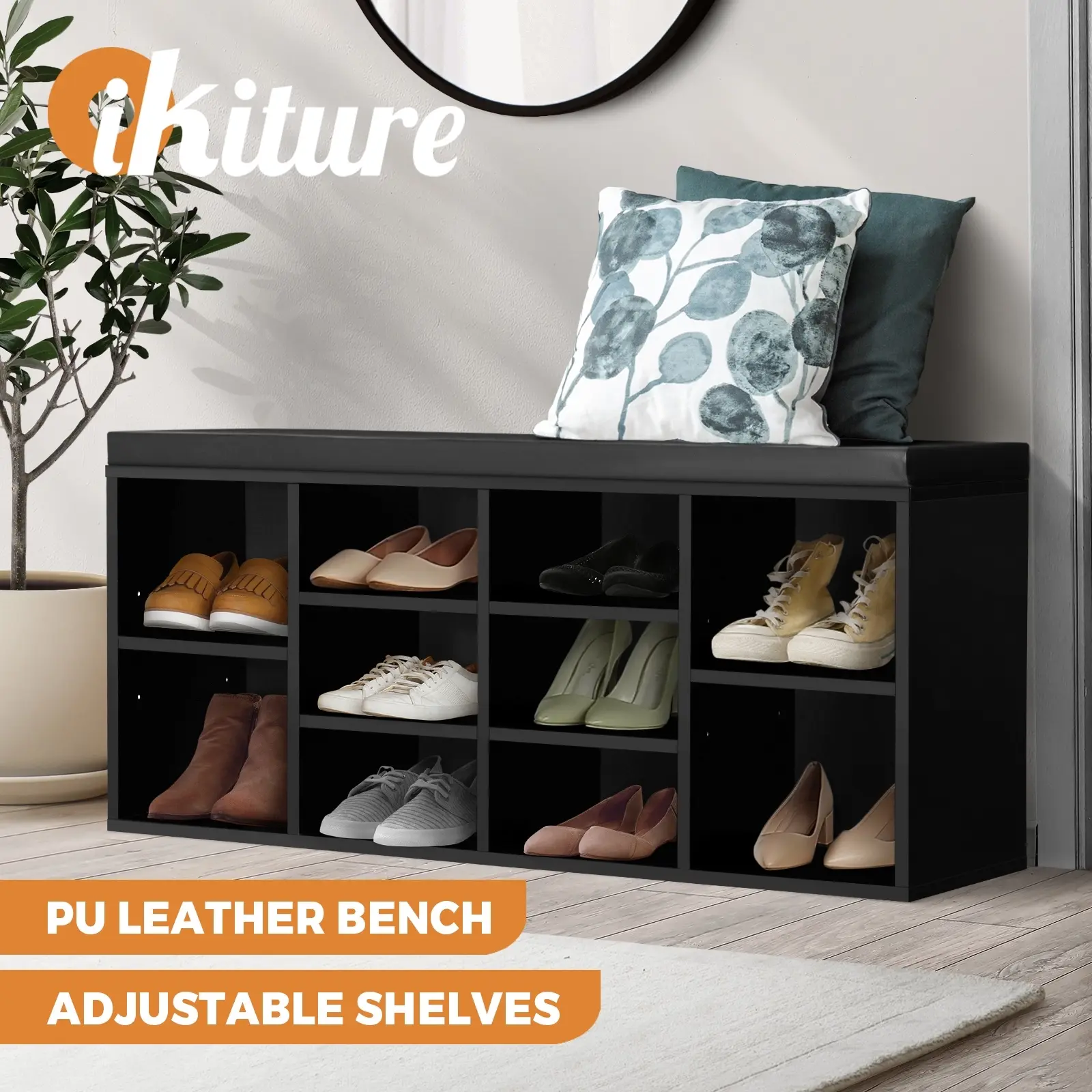 Oikiture Shoe Cabinet Bench Shoe Storage Rack PU Padded Seat Organiser Cupboard Black - Home & Garden