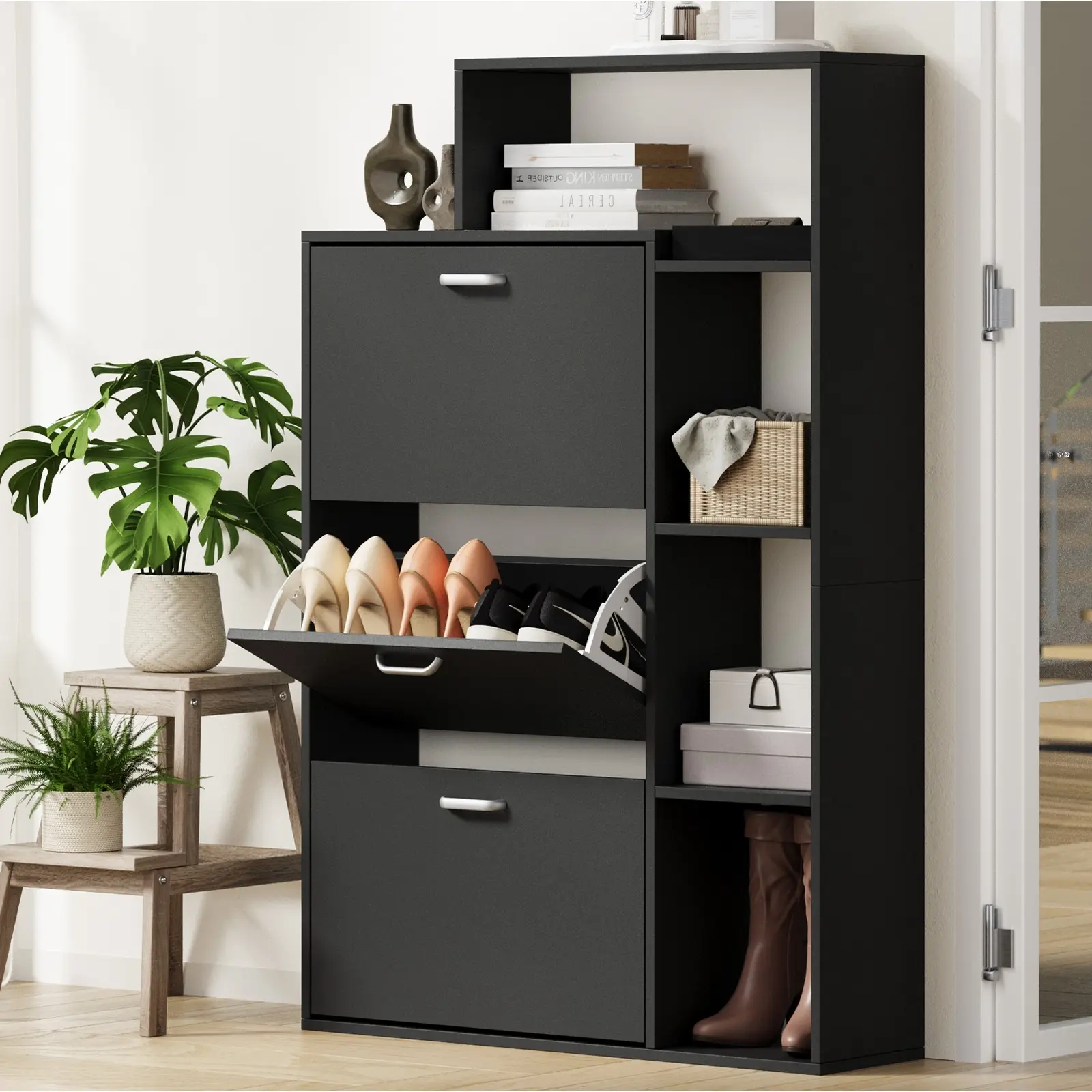 Oikiture Shoe Cabinet Storage 3 Doors Shoes Rack Display Wooden Shelves Black - Home & Garden