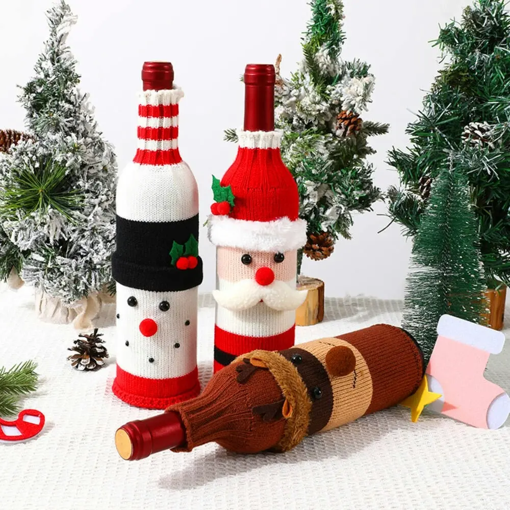 3sets Christmas Wine Bottle Cover Santa Claus Snowman Knitted Wine Bottle Cover - Home & Garden