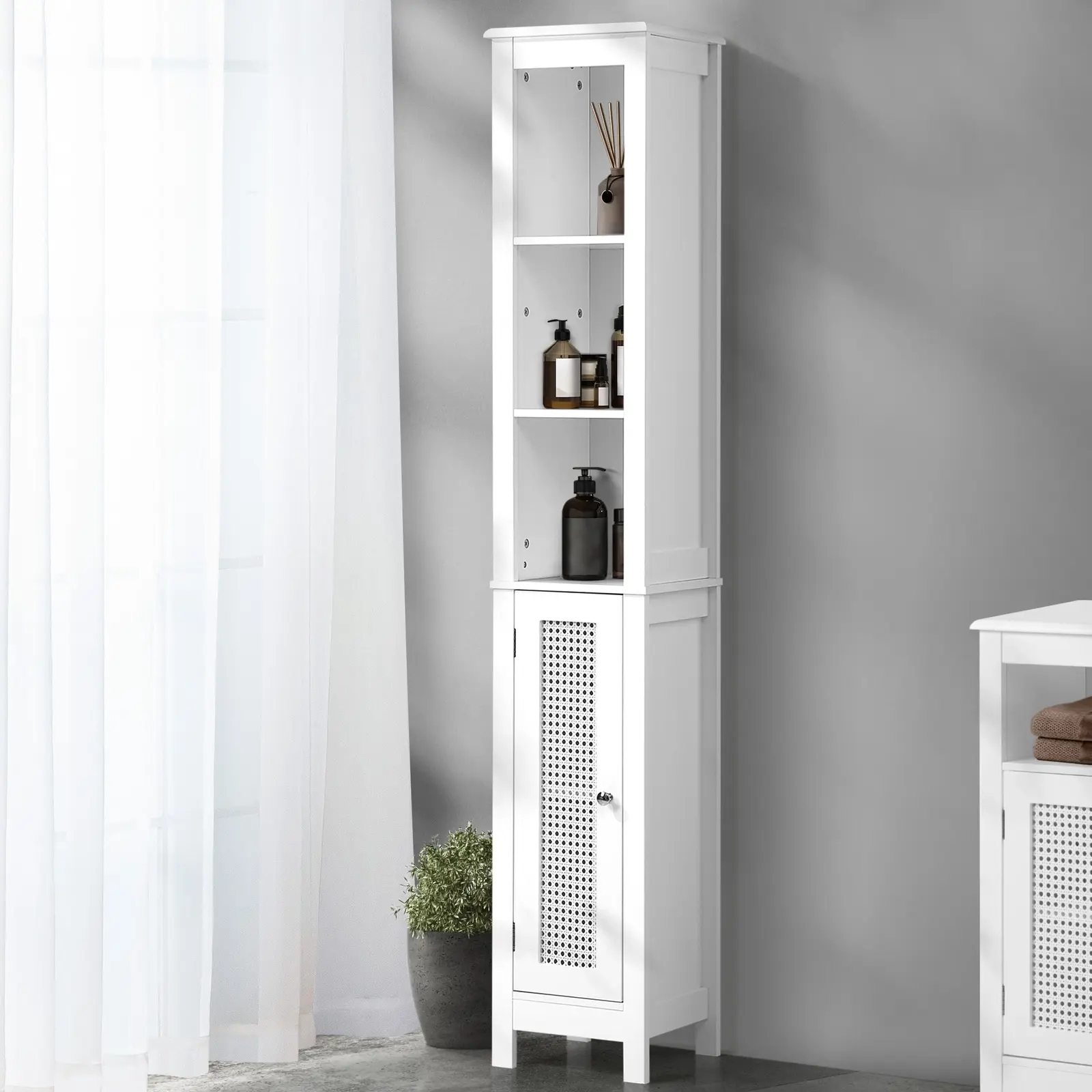 Oikiture Storage Cabinet Tall Slim Cupboard Bathroom Laundry Rattan Door White - Furniture