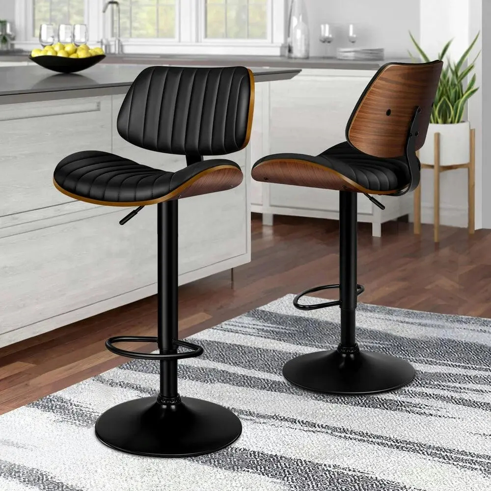 Alfordson 2x Bar Stools Kitchen Swivel Chair Wooden Leather Gas Lift Black - Furniture