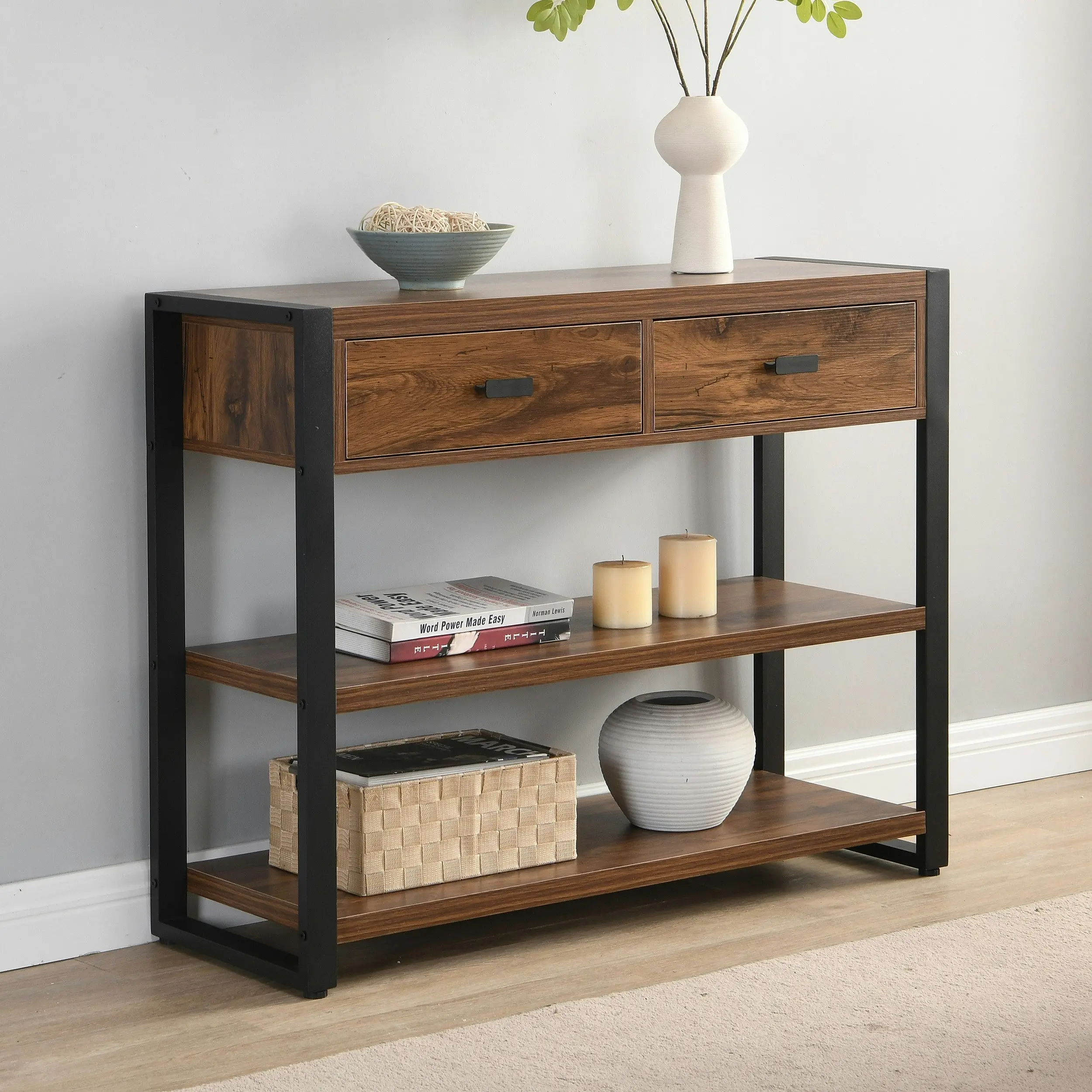 IHOMDEC MDF and Metal Frames Console Table with Shelves and Two Drawers Rust Dark Brown - Furniture