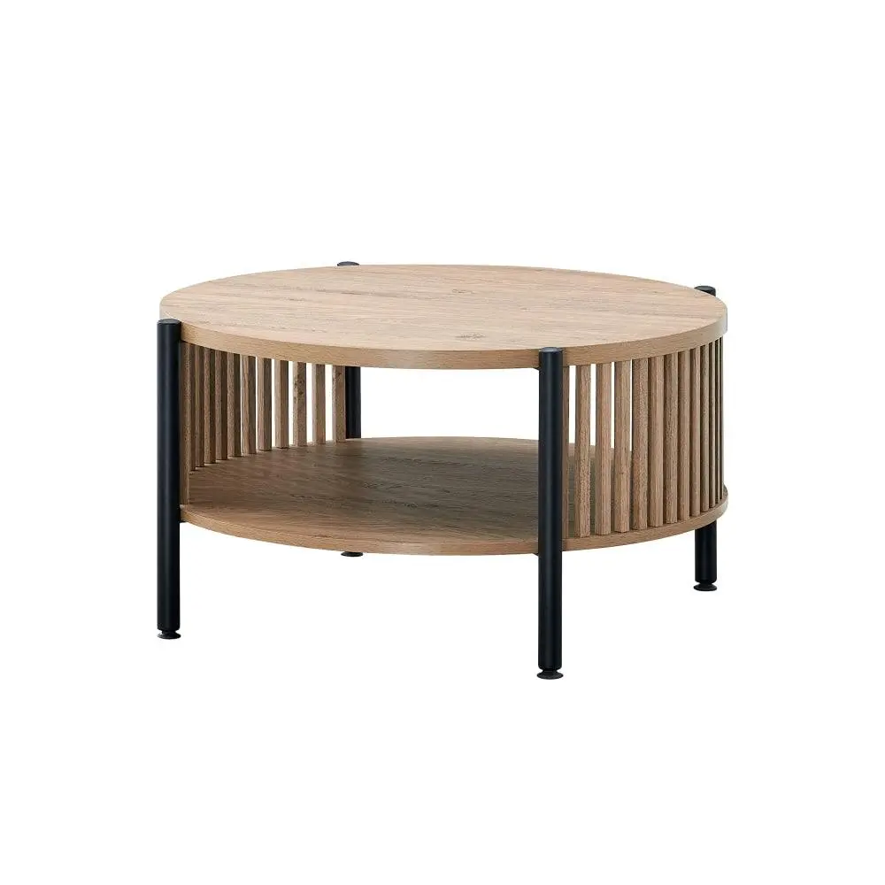 Design Square Ailana Wooden Round Open Shelf Coffee Table 80cm Slat Oak - Furniture