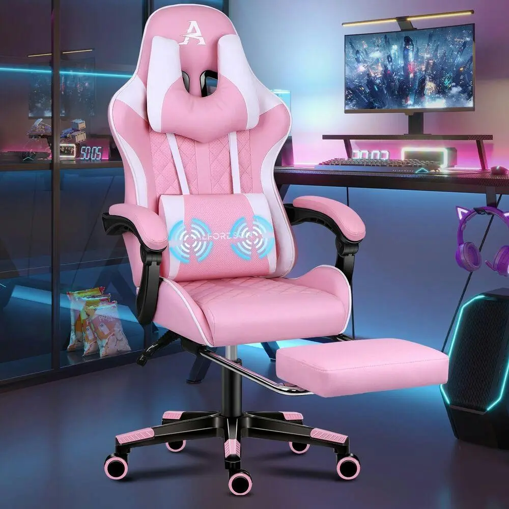 Alfordson Gaming Chair PU Leather with Footrest Pink & White - Furniture