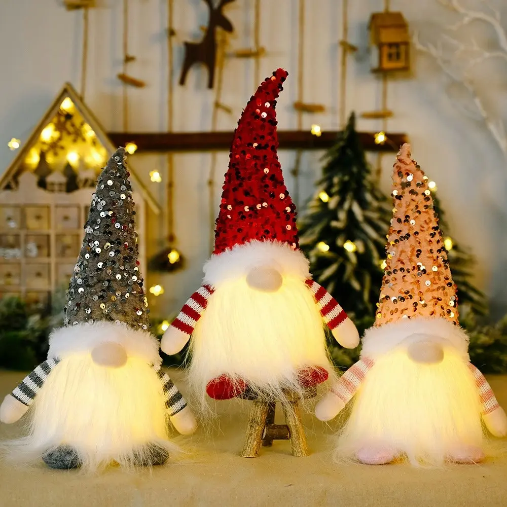3Pcs Christmas Decor Sequins With Lights Rudolph Xmas Faceless Doll Ornaments - Home & Garden