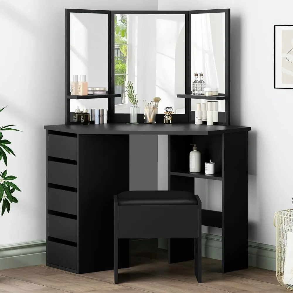 Alfordson Dressing Table Stool Set Tri-fold Black