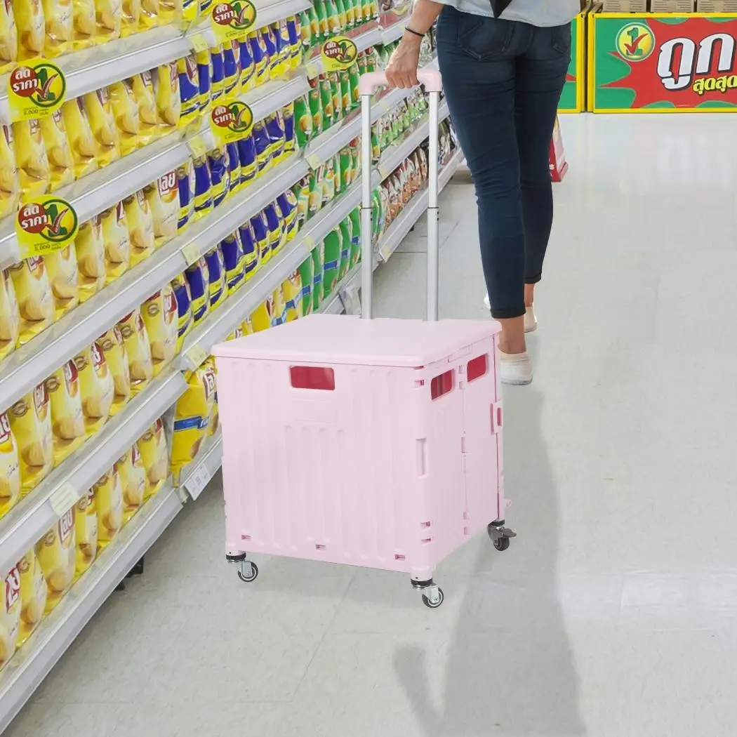 Folding Shopping Trolley Cart Portable Rolling Grocery Basket Wheel Pink - Fashion