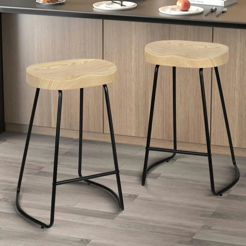 Alfordson 2x Bar Stools 65cm Tractor Kitchen Wooden Vintage Chair Natural - Furniture