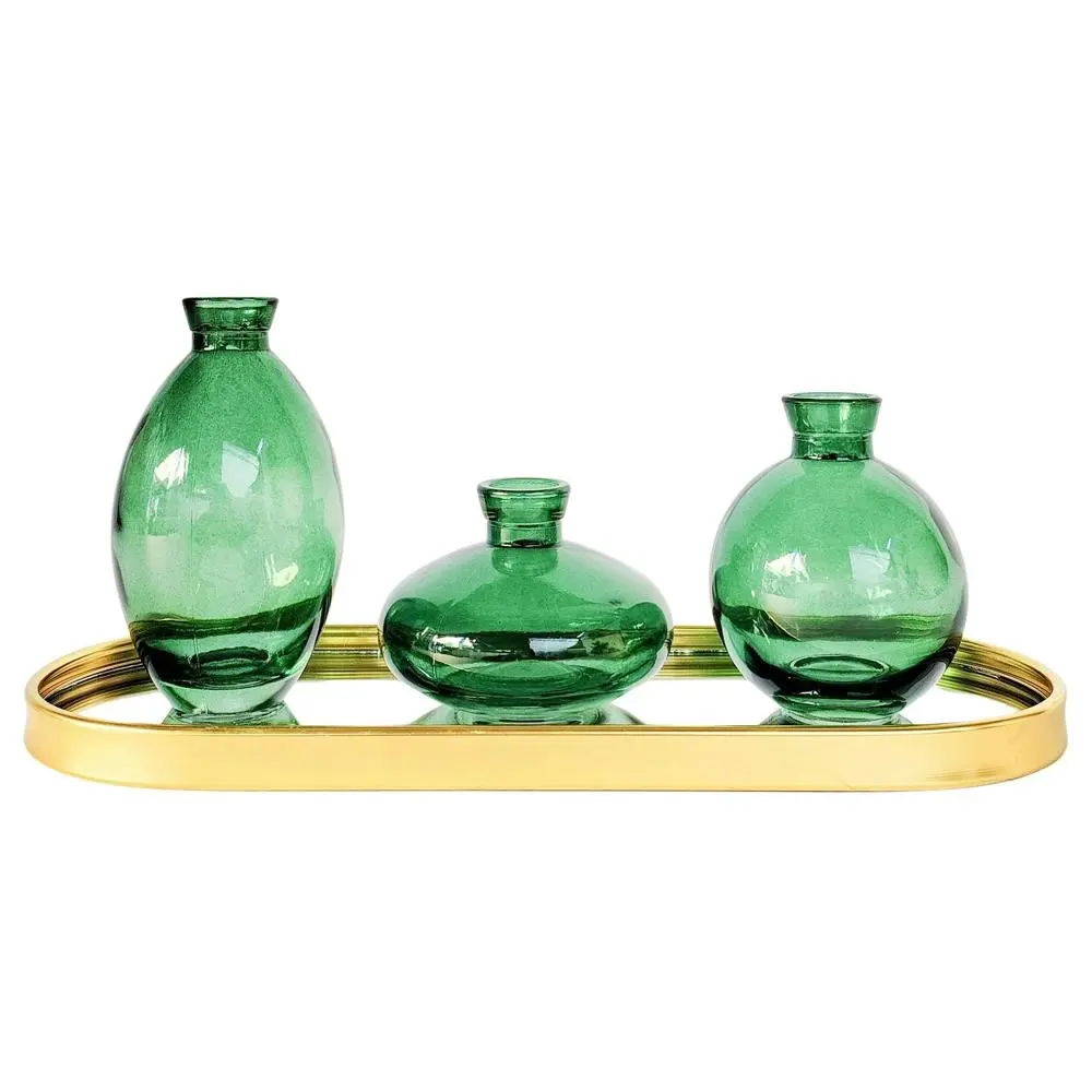 3pc Urban Products Kinkora Home Decor Glass Display Vases with Tray Green - Home & Garden