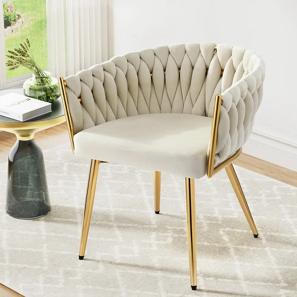 Artiss Dining Chair Velvet Weaving Armchair Vanity Chairs Beige - Furniture