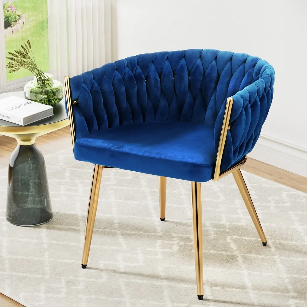 Artiss Dining Chair Velvet Weaving Armchair Vanity Chairs Blue - Furniture