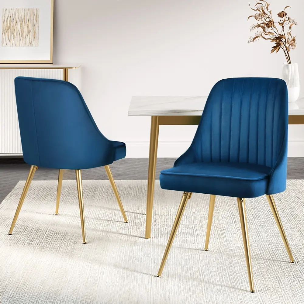Artiss Dining Chairs Set of 2 Velvet Channel Tufted Blue - Furniture