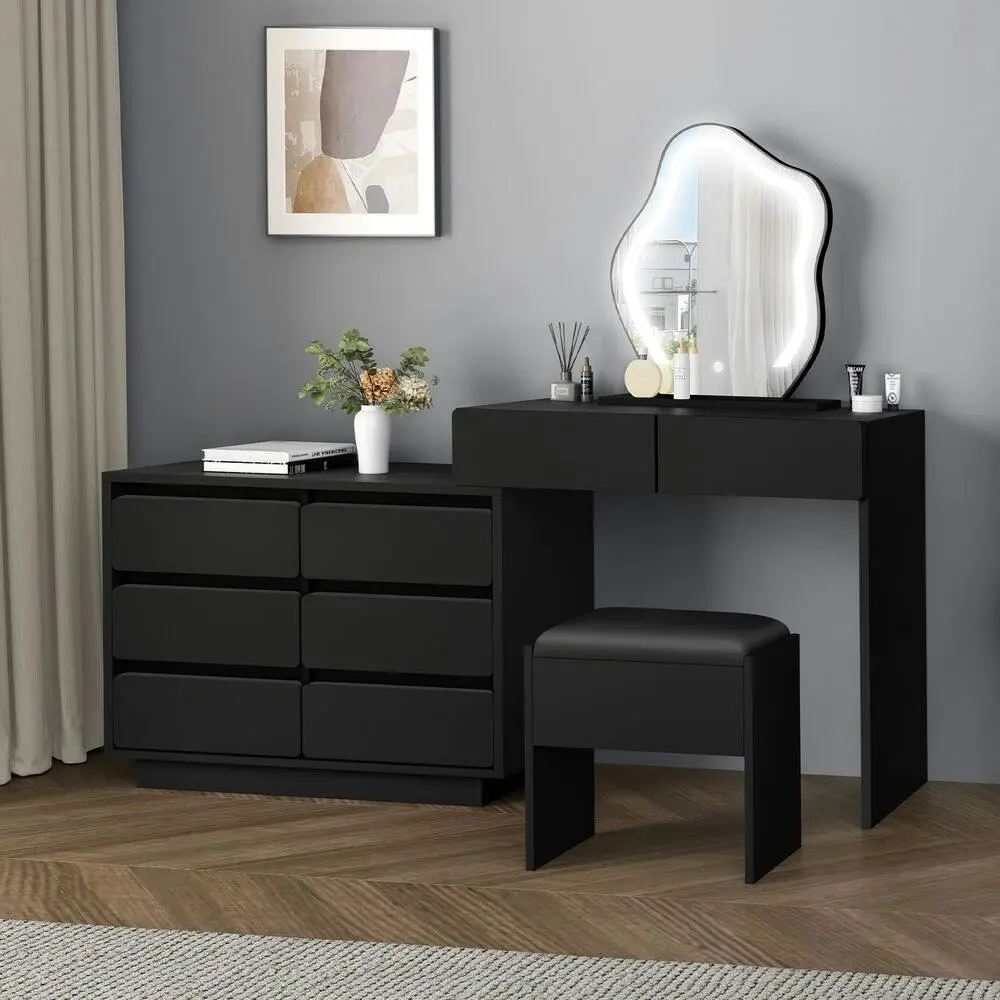 Alfordson Dressing Table Stool Set Makeup Mirror LED 8 Drawers Black - Furniture