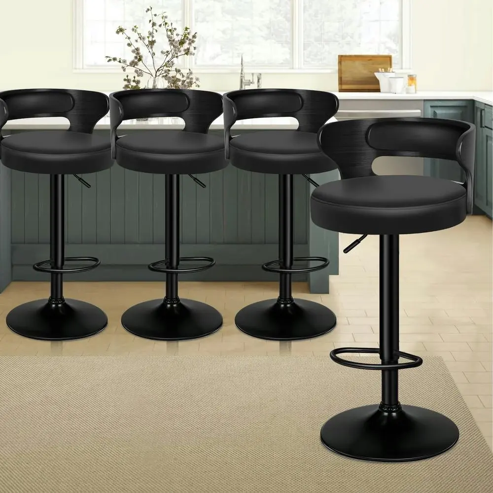 Alfordson 4x Bar Stool Kitchen Swivel Chair Wooden Leather Ramiro All Black - Furniture