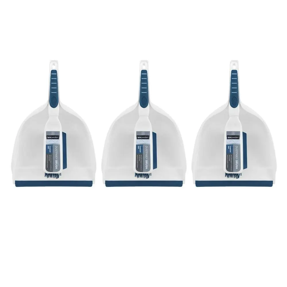 3x Boxsweden Clean 33x22.5cm Dustpan & Brush TPR Bristle Home Cleaner Set White - Home & Garden
