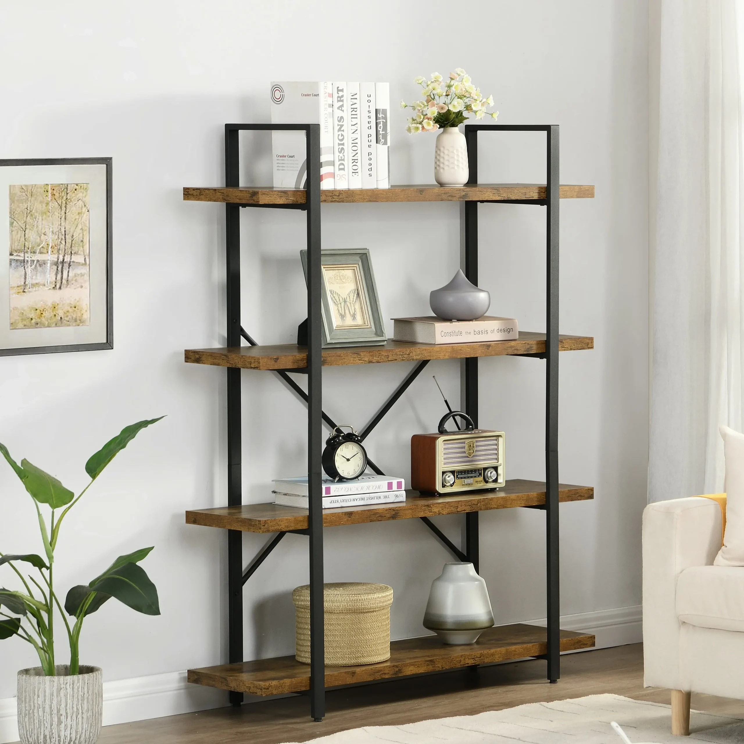 IHOMDEC 4 Tier Industrial Style Bookshelf Dark Brown - Furniture