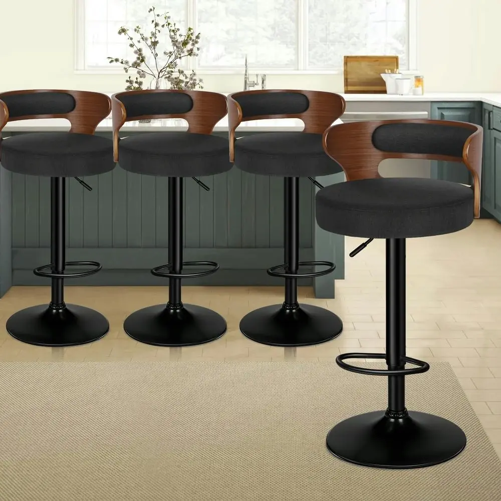 Alfordson 4x Bar Stool Kitchen Swivel Chair Wooden Linen Fabric Ramiro Black - Furniture