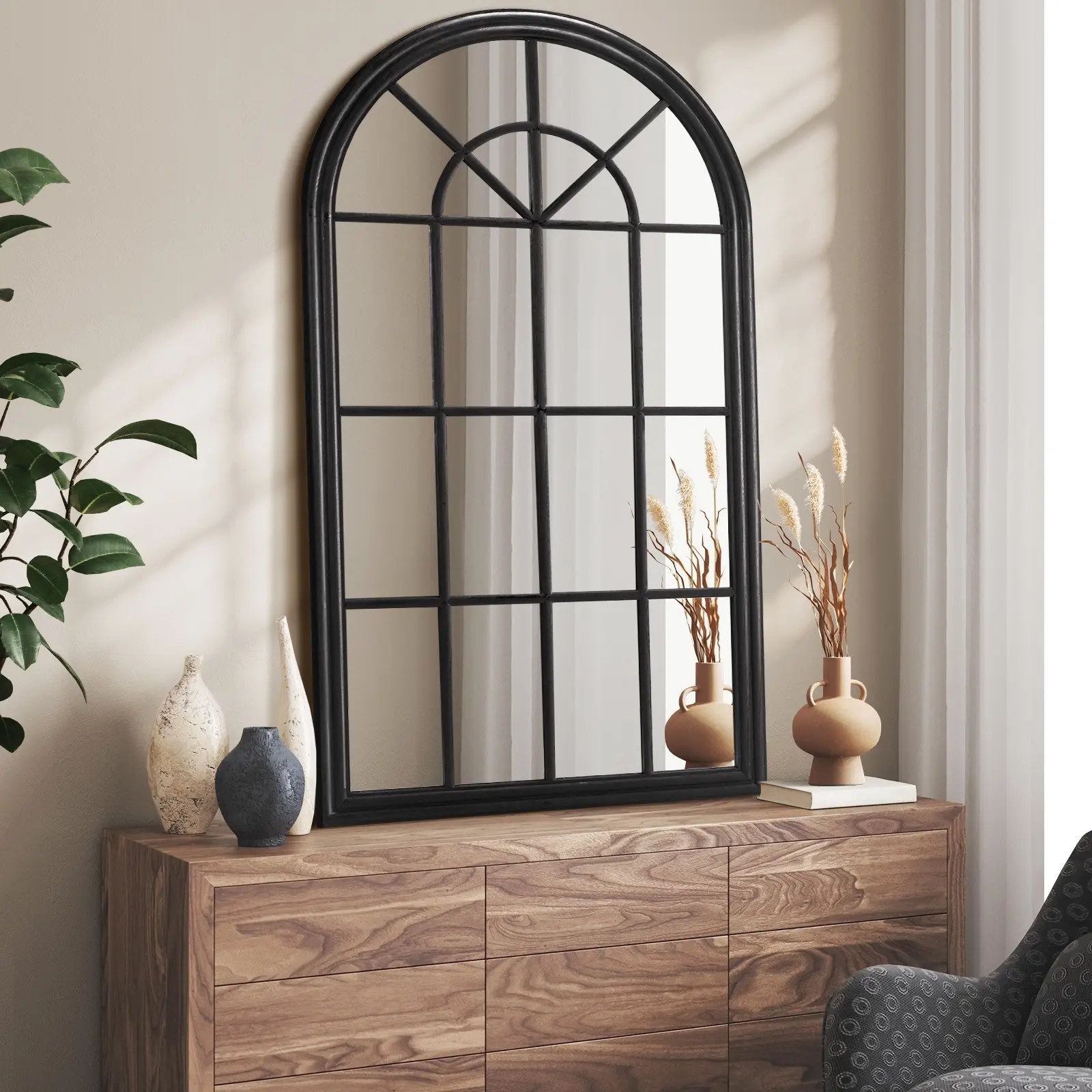 Oikiture Wooden Window Mirror Arched Wall Mirrors Decor 130x70cm Black - Home & Garden