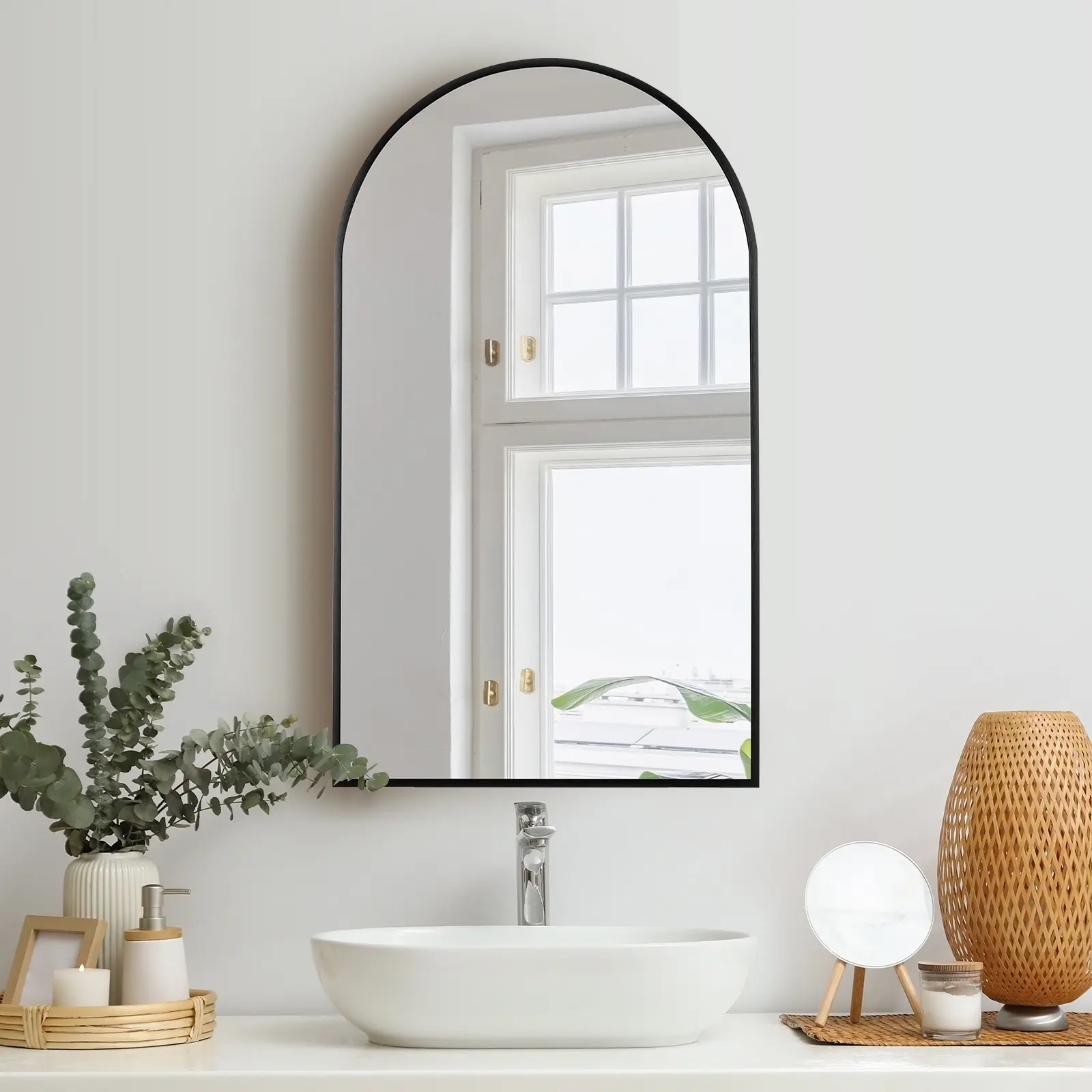 Oikiture Wall Mirrors 86x50cm Arched Makeup Mirror Home Decor Black - Home & Garden